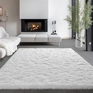 Zentavio White Living Room Rugs 8x10 Large Area Rugs for Bedroom Soft Fluffy Furry Shag Aesthetic Carpet Plush High Pile Floor Rug for Nursery Kids Room Dorm Home Decor