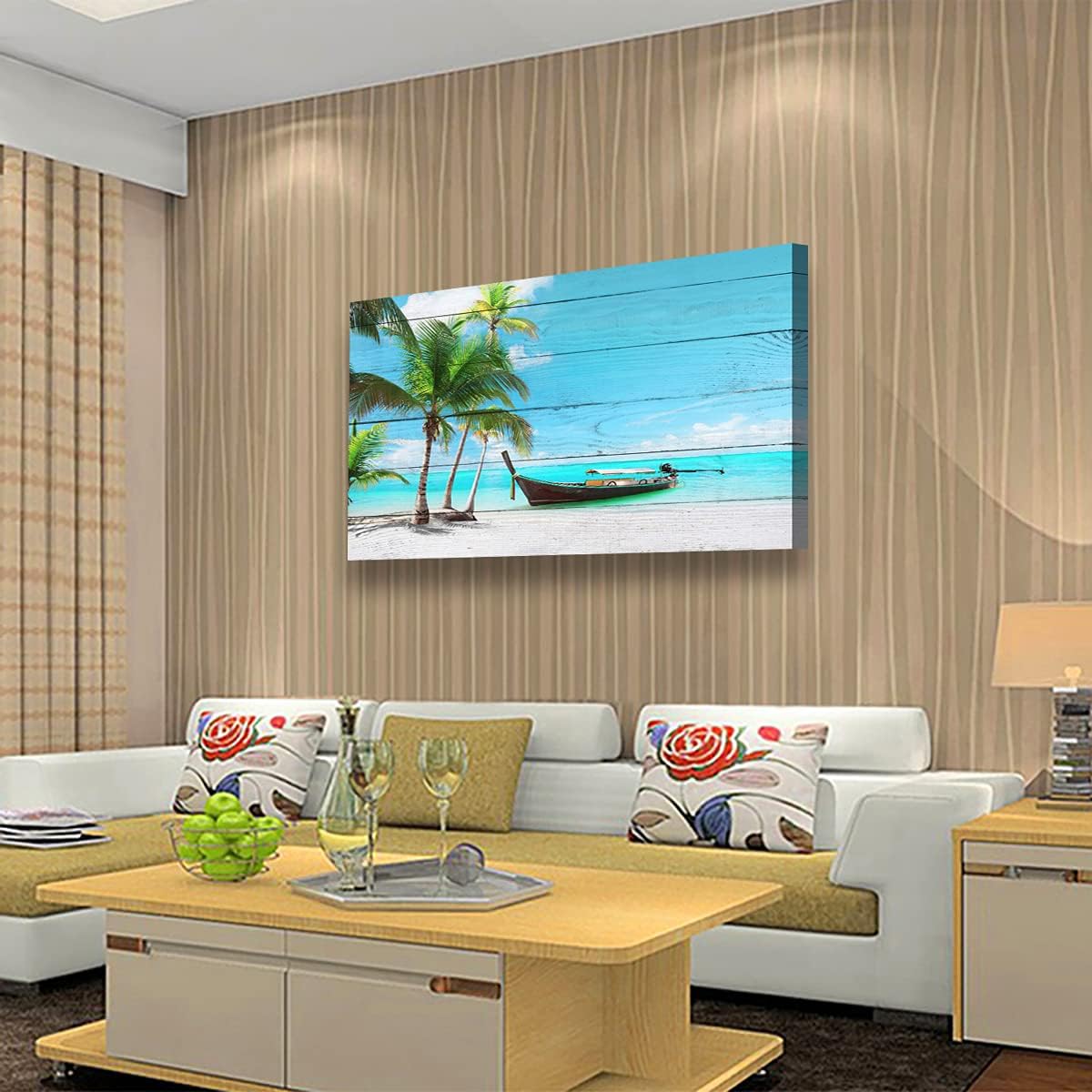 Beach Picture Canvas Prints Coconut Tree Ocean Wall Art Home Decor Natural Seascape Paintings for Living Room Bathroom Bedroom Office Kitchen Decorations Wooden Framed Landscape Artwork 20x40inchs