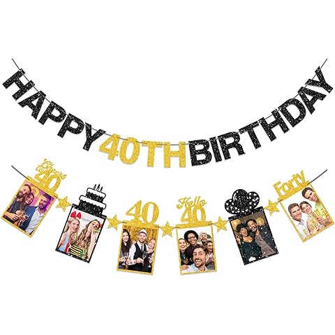 Pre-strung Happy 40th Birthday Photo Banner Decorations for Men Women, Black Gold G...
