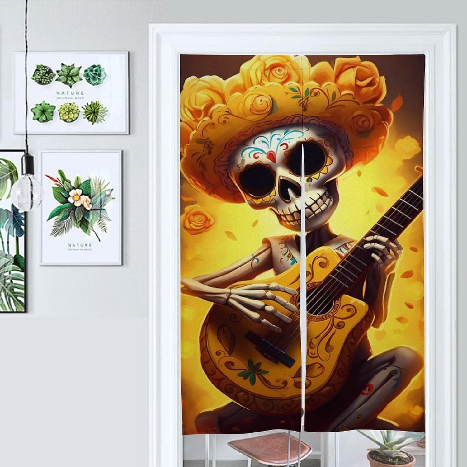 Funny Skull Playing Guitar Yellow Flower Door Curtain Blackout Door Cover Curtains Door Screen for Home Accessories