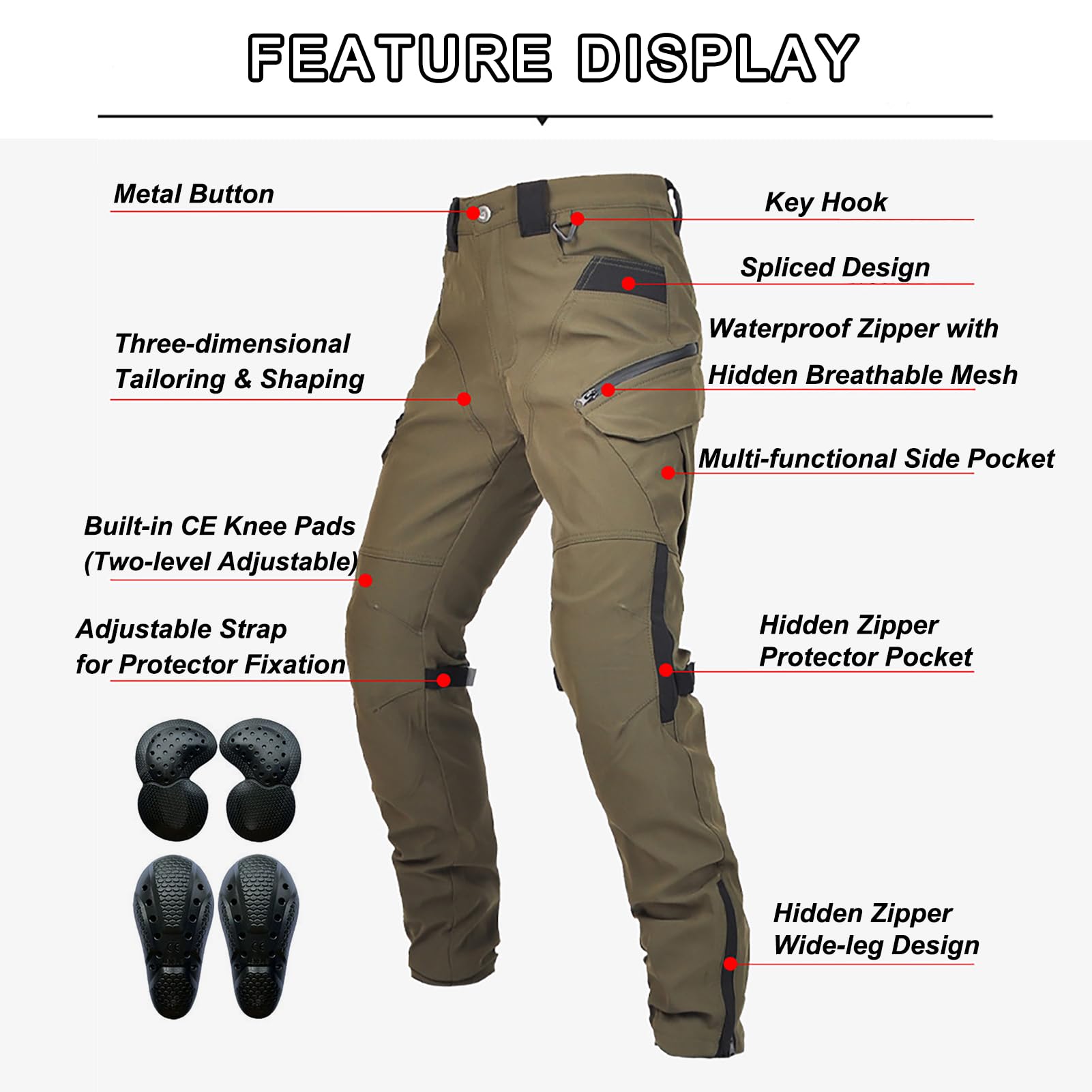 Pantaloni Moto Uomo Cargo con Protezioni Ginocchia Removibili, Traspiranti con Tasche Multifunzione, Idrorepellenti per Città, Touring e Uso Quotidiano