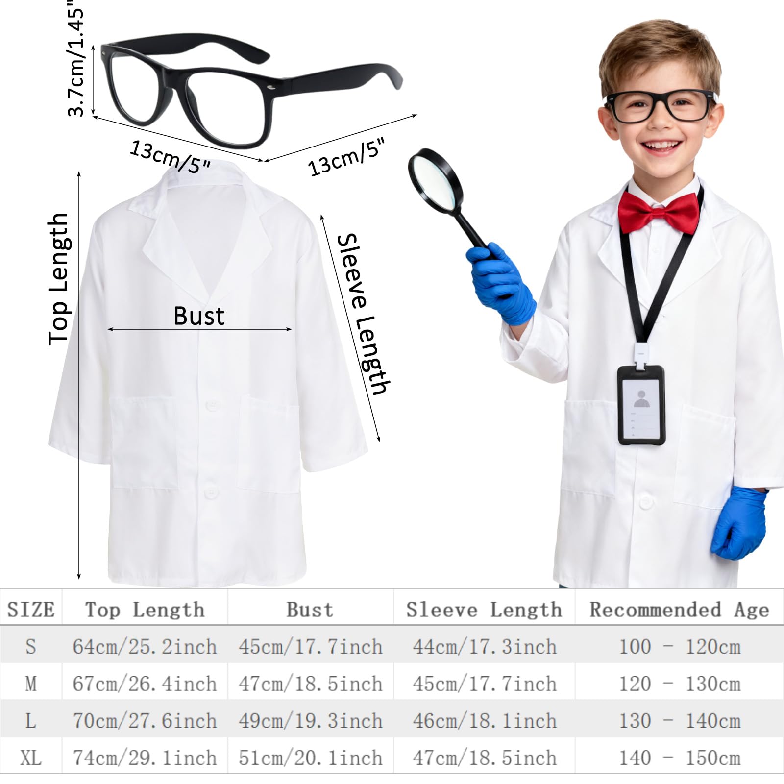 ASFWAGQ 6 Pcs Kids Scientist Costume Set Include Lab Coat,lasses,Gloves,Bowtie,Magnifier and ID card,for Doctor Pretend Play Science Week Dress Up (M) - Image 2