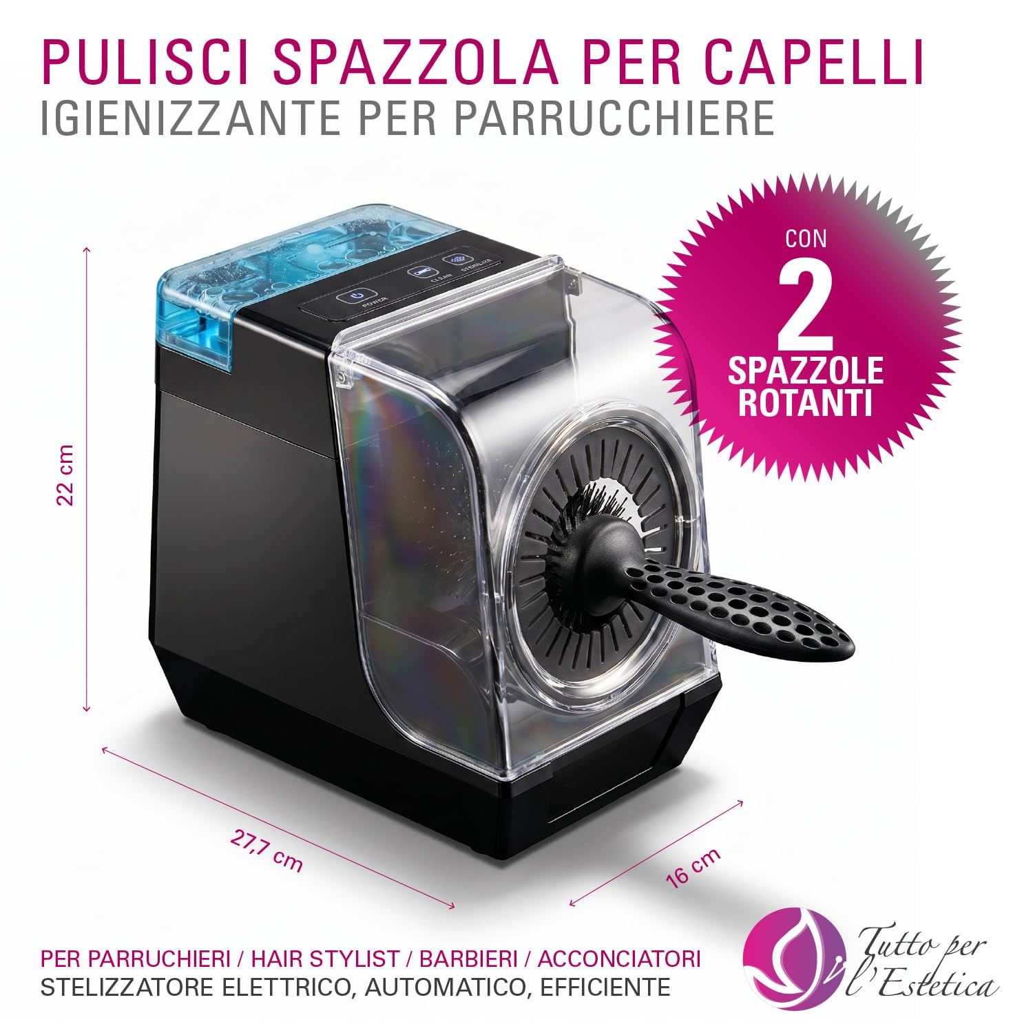 Pulisci Spazzola per Capelli Elettrico Automatico - Igienizzante Spazzole Parrucchiere Professionale per Salone e Barbieri - Macchina Sterilizzatrice a Infrarossi con Serbatoio Liquido Disinfettante