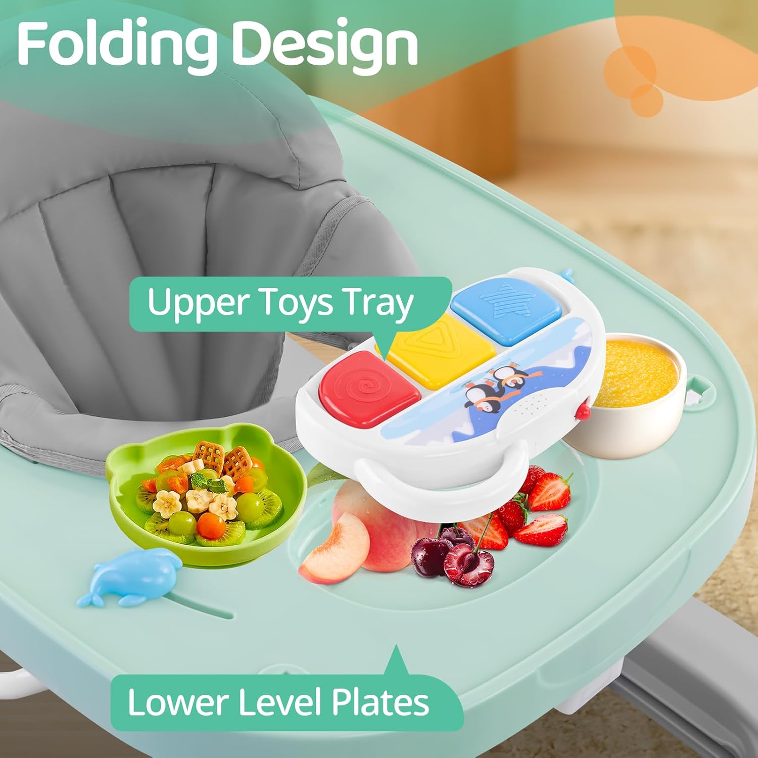 Baby Walker, Music & Removable Footrest with Toys, 3-Height Adjustable, Foldable 4-in-1 Activity Center for Infant and Toddler, Baby Walker for Baby Boy Girls 7–18 Months - Image 4