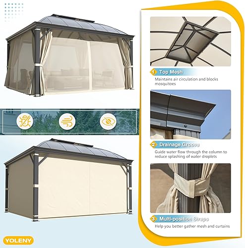 Miniatura 3 de YOLENY Gazebo de techo rígido de 12 x 14 pies, glorieta permanente de aluminio para exteriores con techo de arco doble compuesto de aluminio para