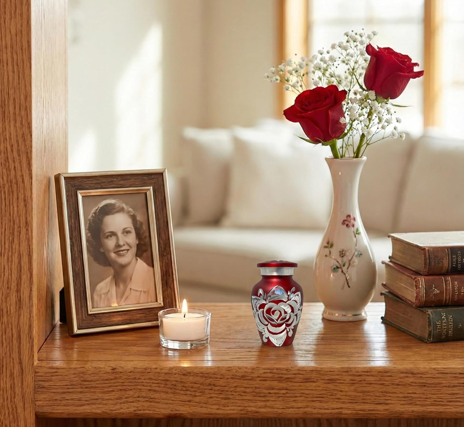 Mainely Urns Set of 4 Crimson Keepsake Cremation Urns for Human Ashes with Engraved Rose Design Small 3 Cubic Inch Capacity Urns for Sharing and Memorializing a Loved One