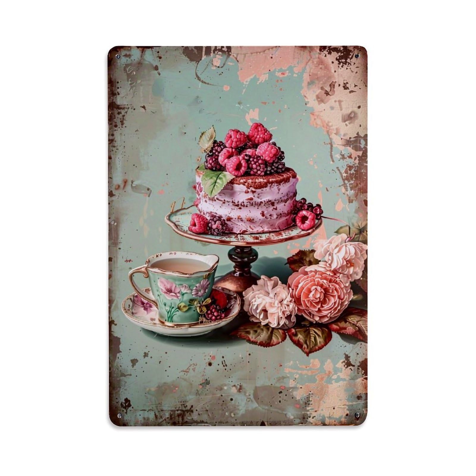 Jdyaojiesheng Vintage Floral Tea Cup Cake Berries Roses Tin Sign Retro Metal Wall Decor Metal Poster, Home Bar Garage Farmhouse Cafe Wall Art Decoration 8X12inches