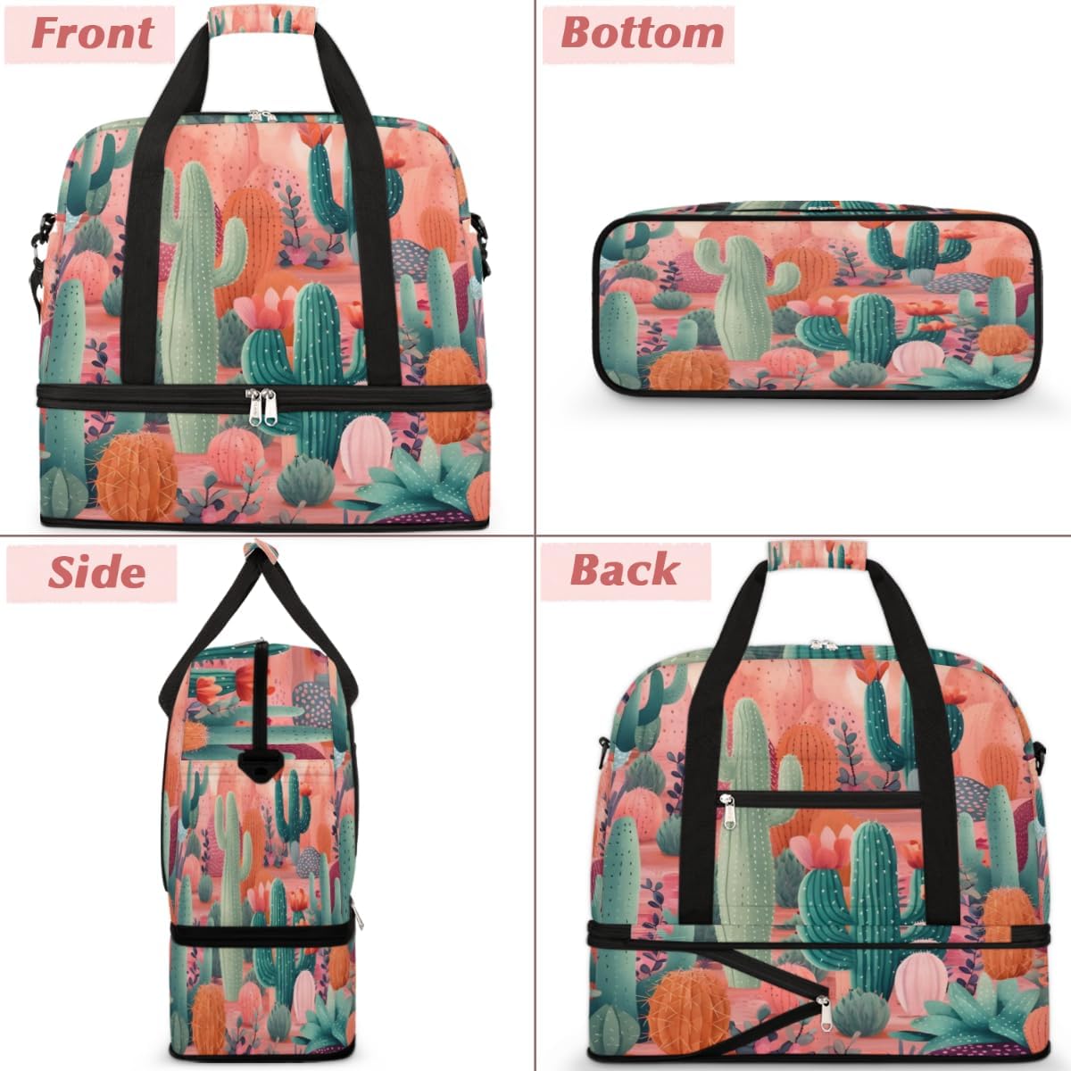 QsirBC Interesting Cactus Gym Bag for Women Duffle Tote with Shoes Compartment Men Weekender Duffel for Dance Travel Sports Swimming Overnight