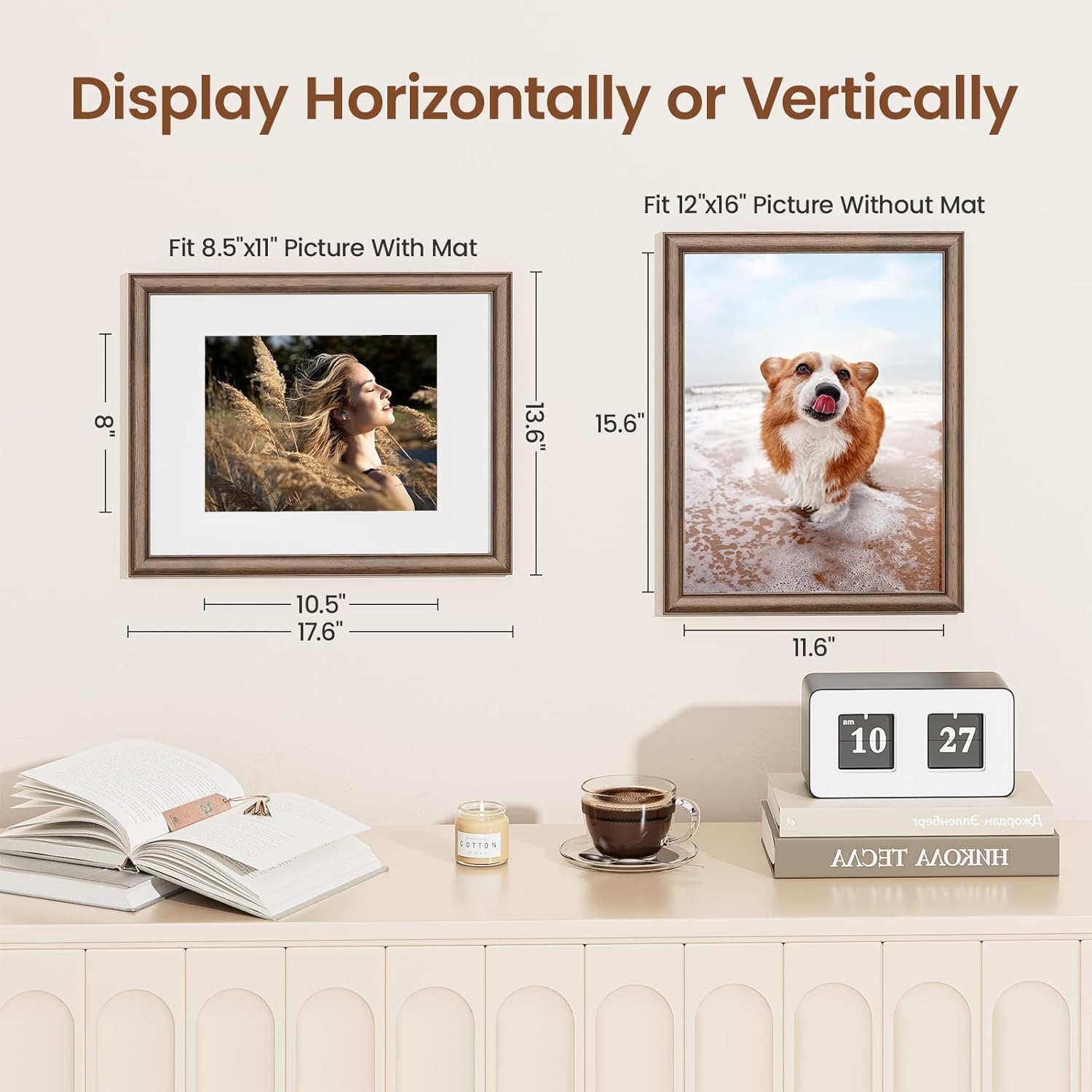 12x16 Picture Frame, USA-Sourced Walnut Wood Frame with Tempered Glass, Display 8.5x11 with Mat or 12x16 Without Mat, 12 by 16 Photo Frame for Vertical & Horizontal Display, Handcrafted, 1 Pack