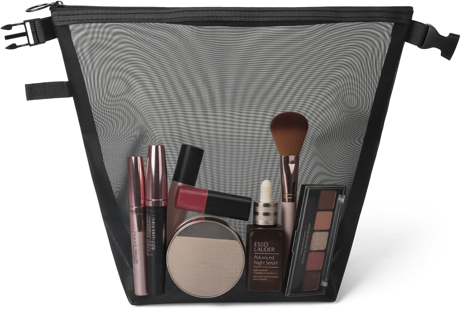 Mesh Cosmetic Bag, Stuff Mesh Makeup bag, Mesh Makeup Pouches with Buckle Handle, Travel Essentials Beauty Bag (Black)