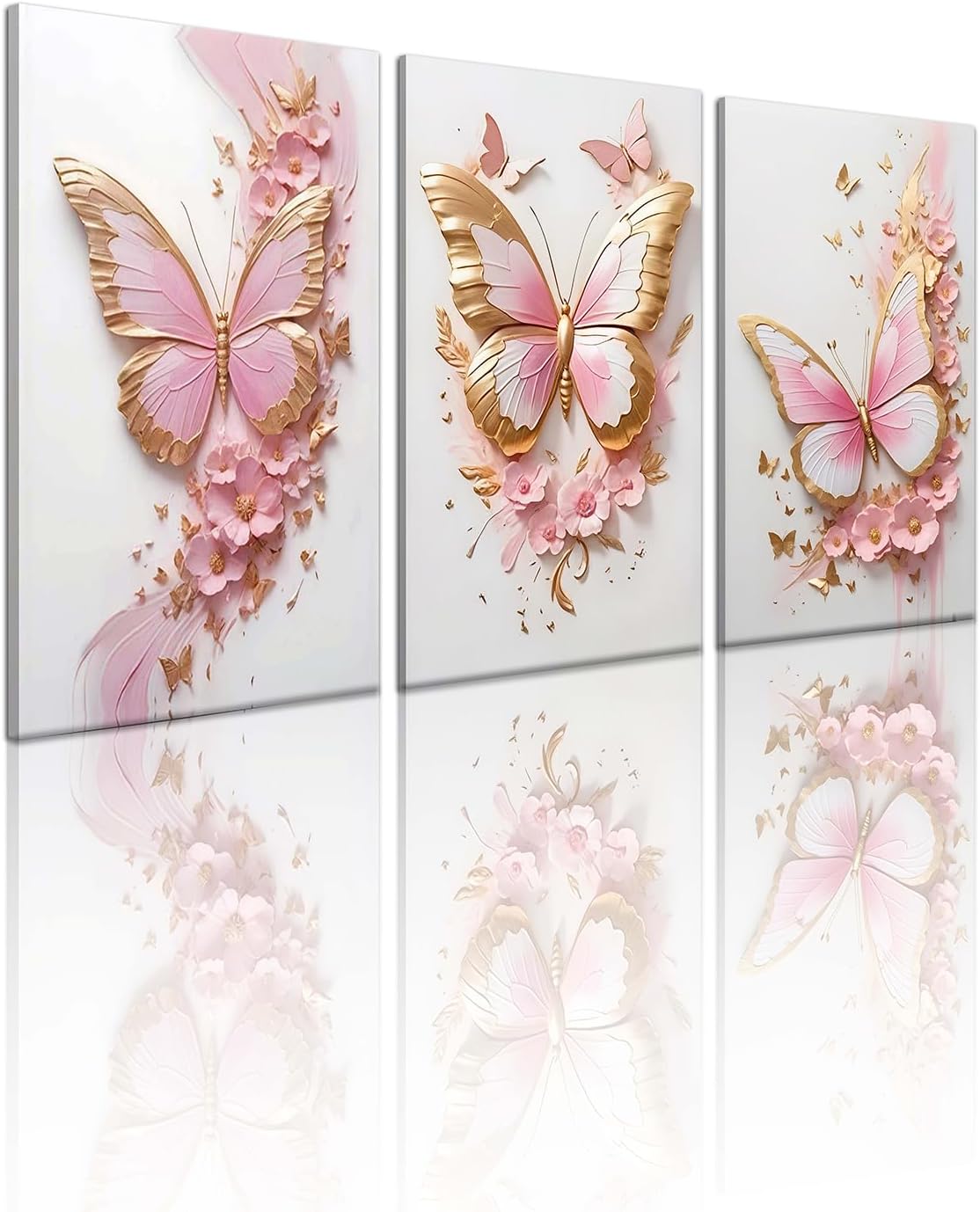 ACWOWO 2D Pink Butterfly Floral Wall Art 3-Piece Set Butterfly Poster Painting Pink Gold Floral Canvas Wall Decor for Girls' Bedrooms Bathrooms Offices Dorm Rooms 12 * 16 In （Canvas