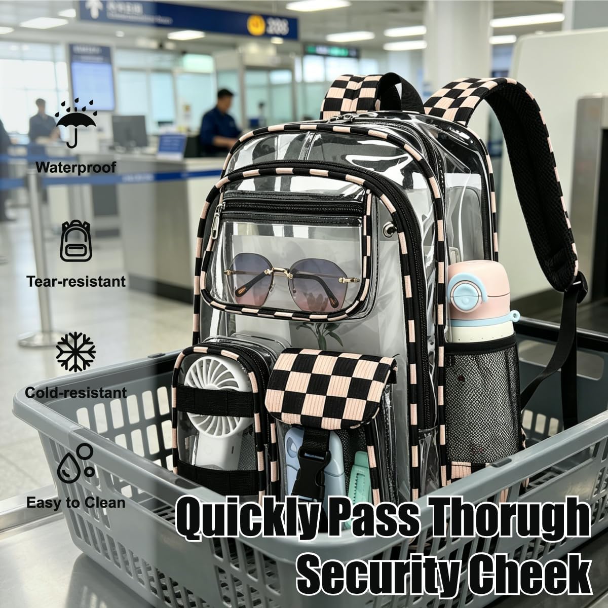Checkered Clear Backpack for Boys Girls Heavy Duty Clear Bookbag, Transparent PVC Backpacks for School, Travel, Stadiums, Concerts & Everyday Use-Black Khaki
