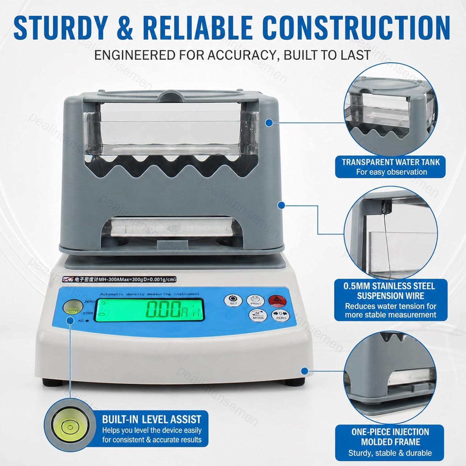 Densimetro Digitale – Densimetro di Precisione 0,001 G/cm³ per Gomma, Plastica E Metalli Preziosi – Test con Un Solo Clic, Display LCD, Ideale per Laboratori E Industria. 300A