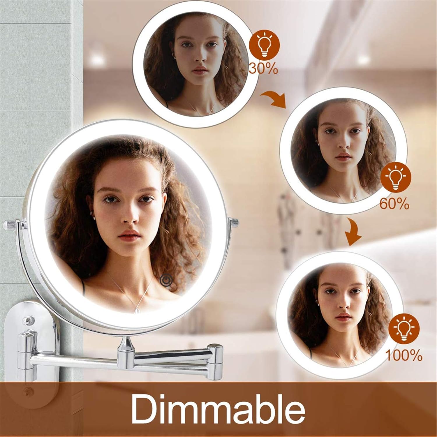 Wall Mounted Lighted Vanity Mirror 8 Inch 1X/10X Magnifying Makeup Mirror with 3 Color Lights, Double Sided Dimmable, 360 Degree Screen Touch, Chrome Bathroom Shaving Mirror Chrome : Beauty & Personal Care