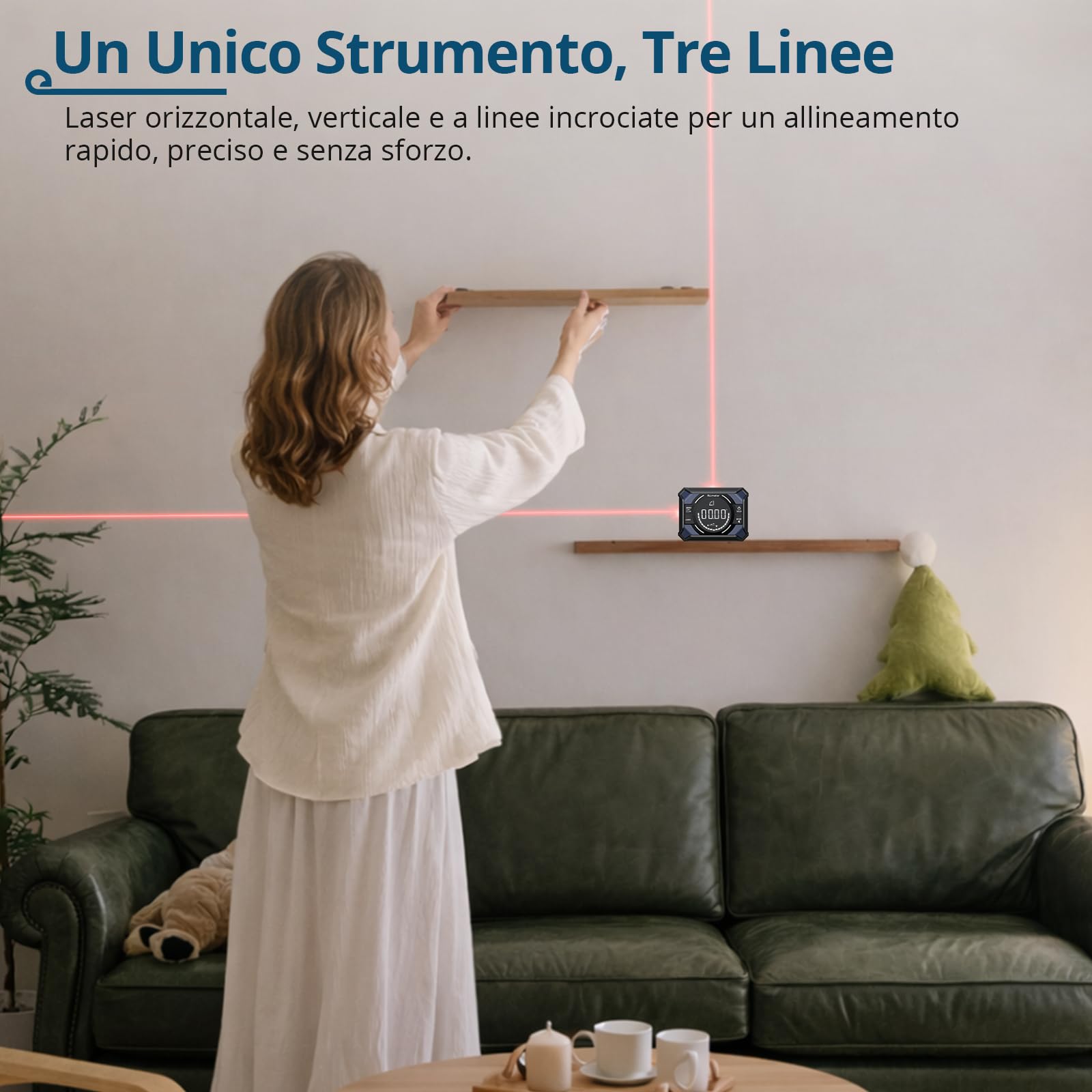 Livella Digitale Ricaricabile 3-in-1 con Doppia Linea Laser Rossa | Inclinometro Digitale 4×90° e 2×180° con Precisione ±0,1°/0,2° e Base Magnetica per Falegnameria, Lavori a Muro e Fai-da-Te