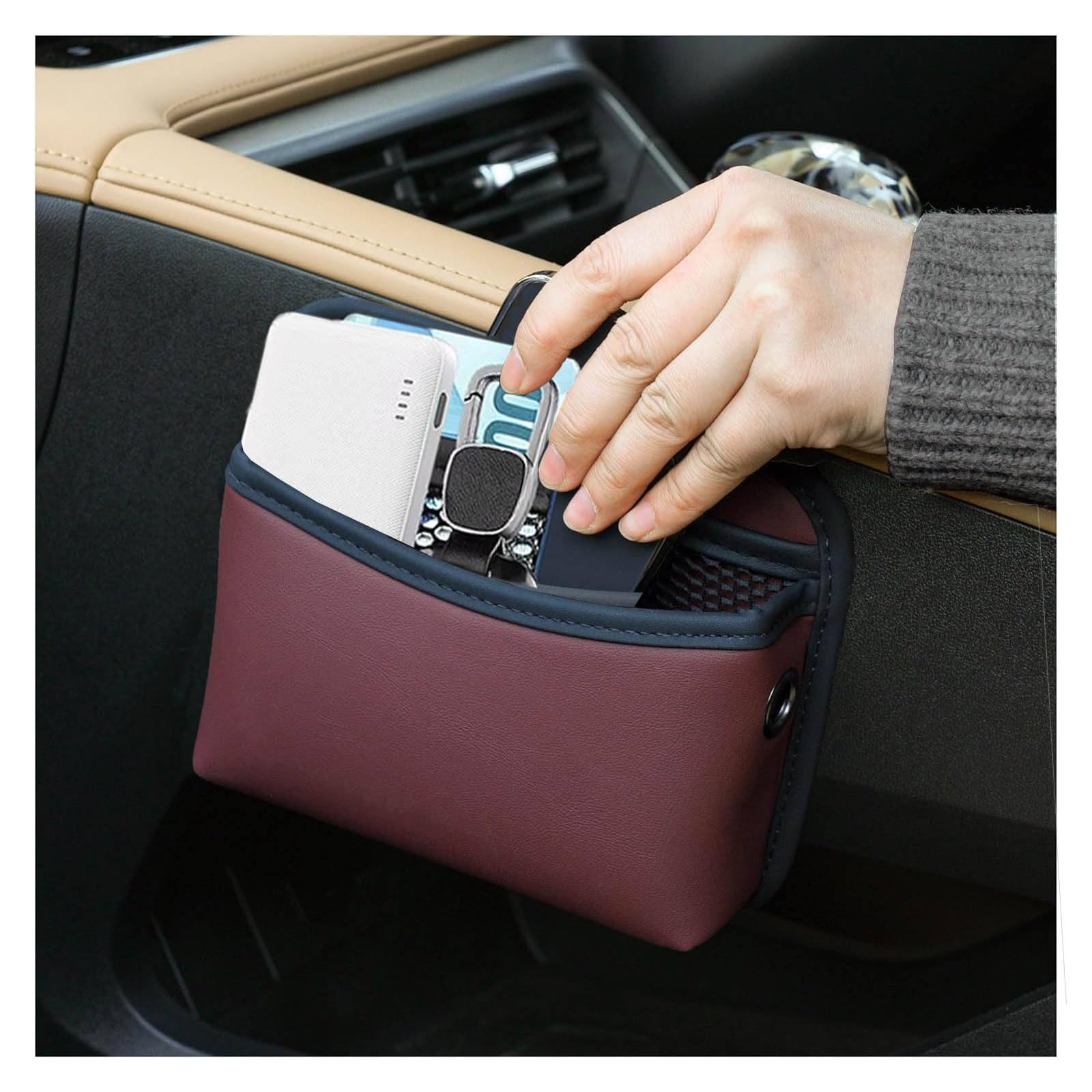 Z-oneMart Car Organiser Front Seat Car Leather Cup Holder Gap Bag, Car Seat Gap Filler PU Leather Car Organiser for Coins Glasses Storage, Mobile Phones, Cards, Keys, Sunglasses (Red)