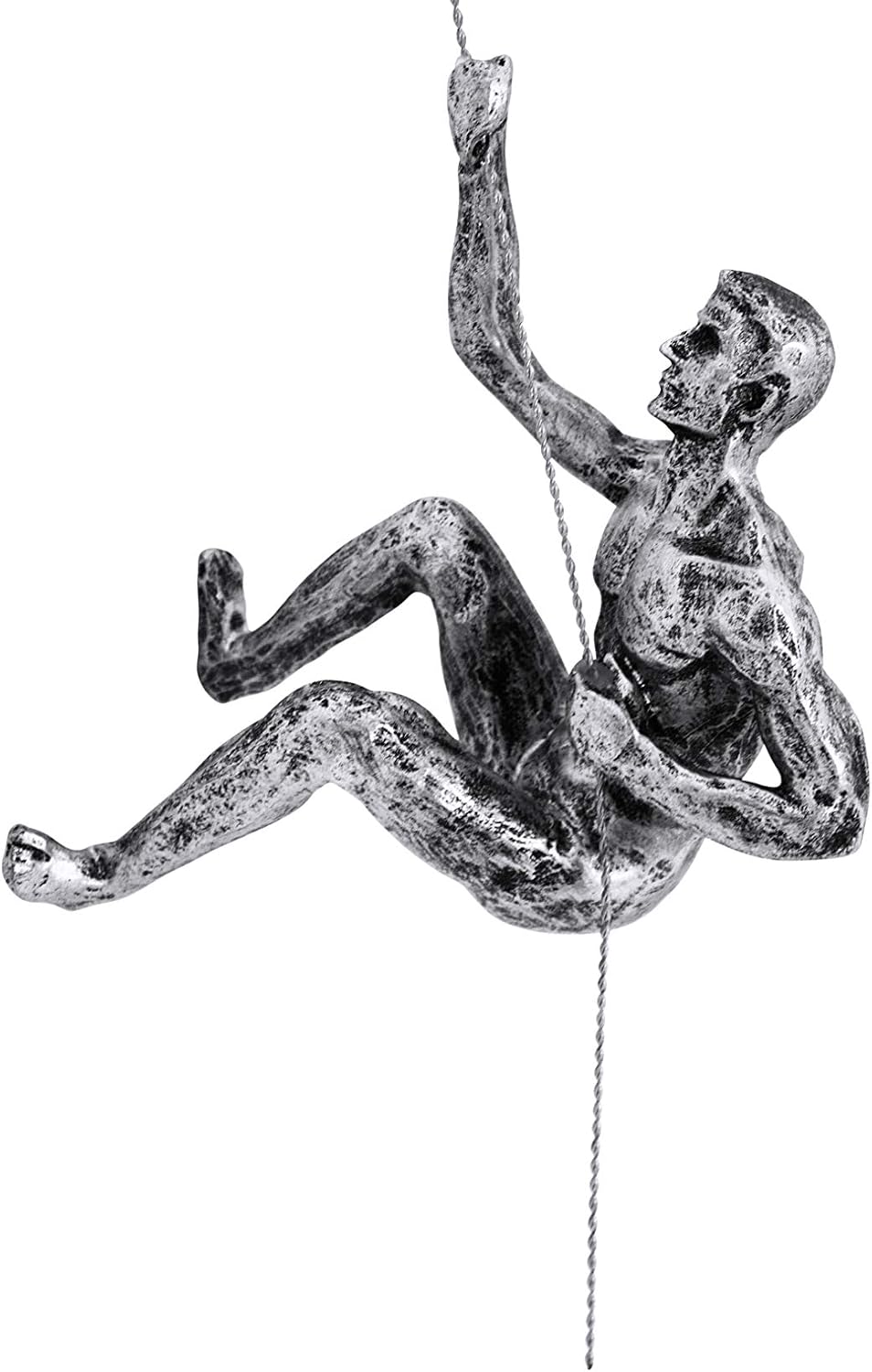 1x Antique Silver Climber Sculpture - Right Arm Up Pose Handmade Climbing Man with Wire Rope Hanging Wall Art Decor Figurine - Image 3