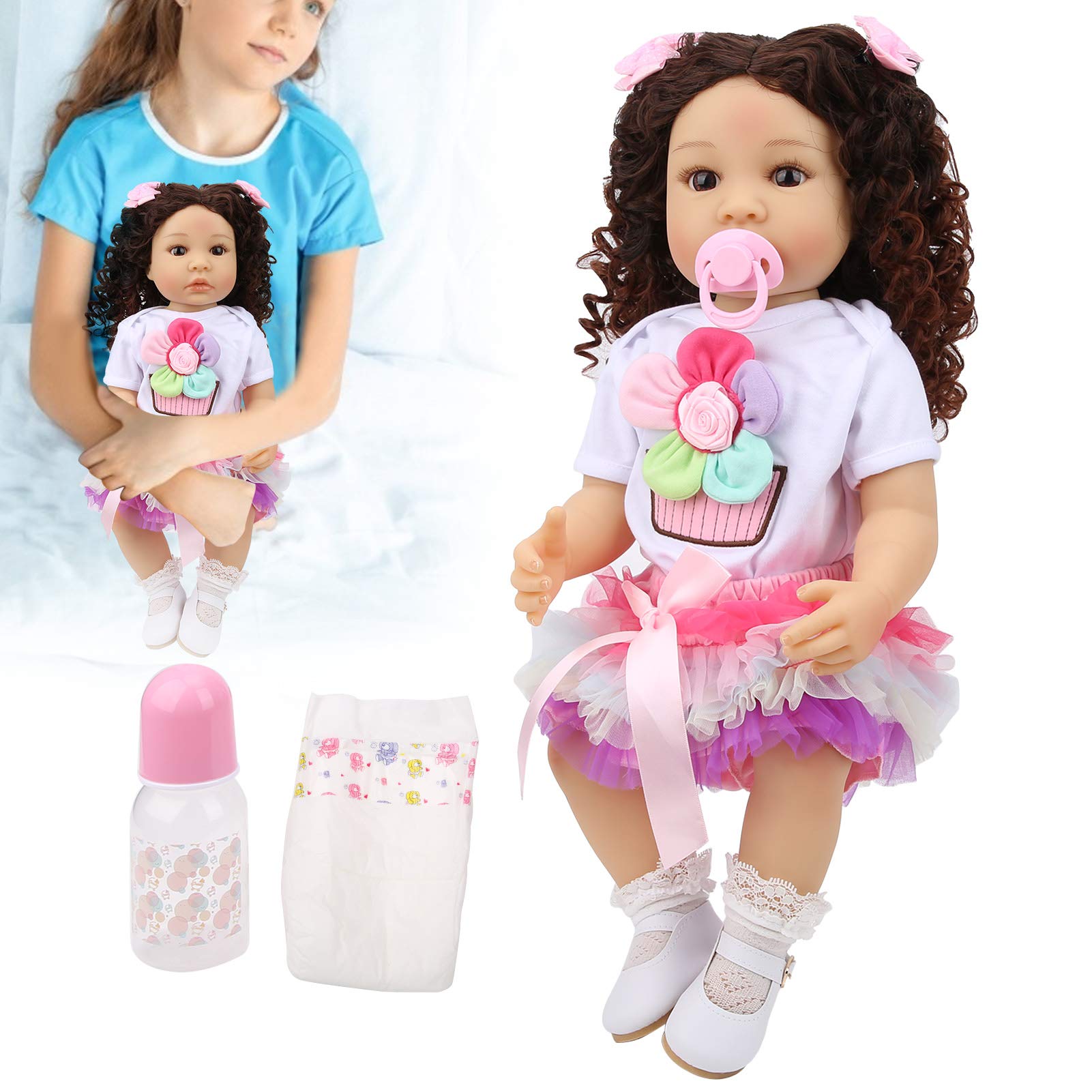 Generic Lalka Reborn 55 Cm z Realistycznymi Kręconymi Włosami dla Dzieci - Miękka Winylowa Zabawka dla Noworodka na Prezent - 21,7 Cala