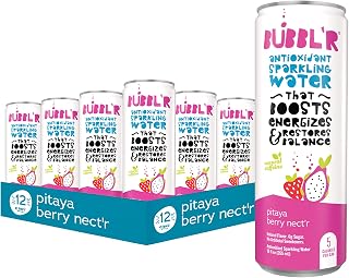BUBBL'R pitaya berry nect'r, Antioxidant Sparkling Water with Natural Caffeine, 0g Sugar, Gluten Free, All Natural Flavors, 12 Fl Oz Cans, 12 Count