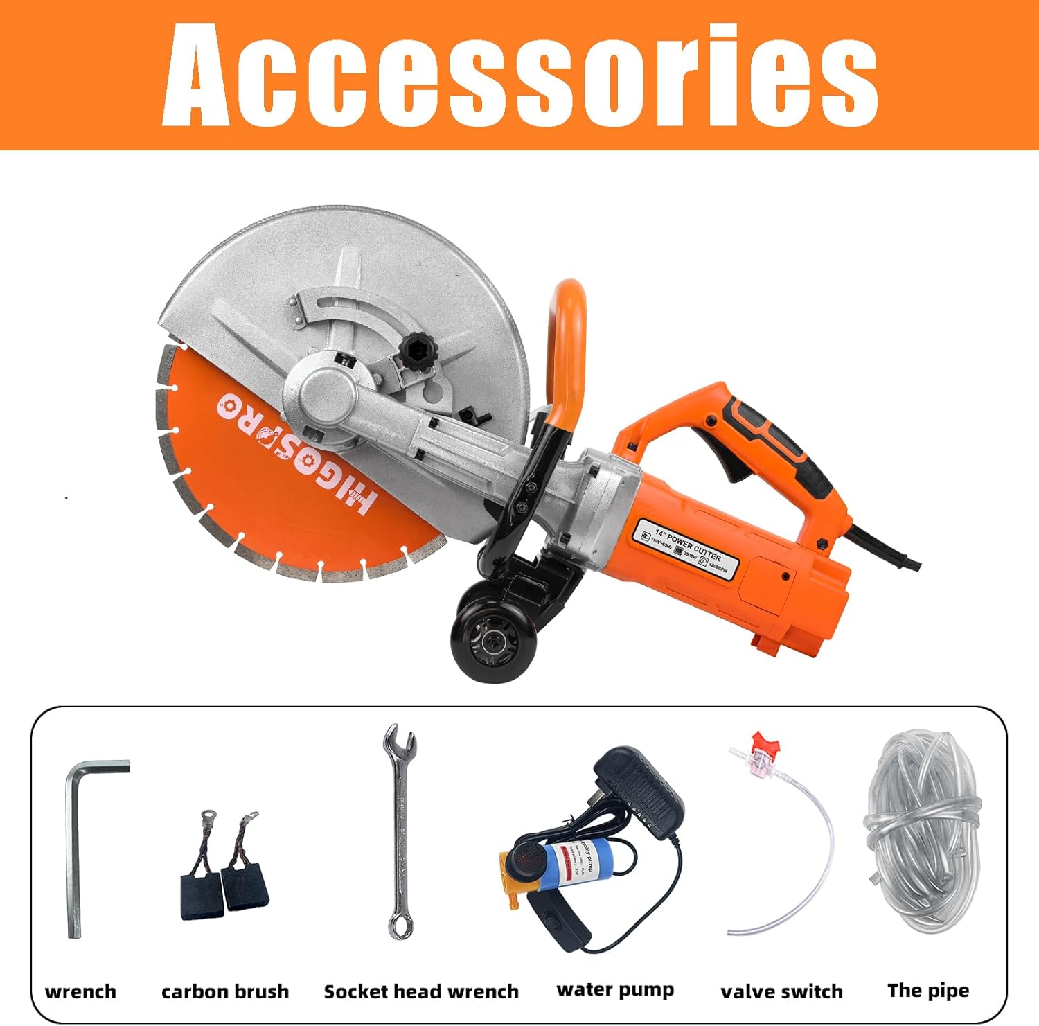 14-Inch Electric Concrete Saw 3000W, 110V Cut-Off Saw with Diamond Blade, 4.8 Max Cutting Depth, Heavy-Duty Cement Grinder for Asphalt, Brick, Stone