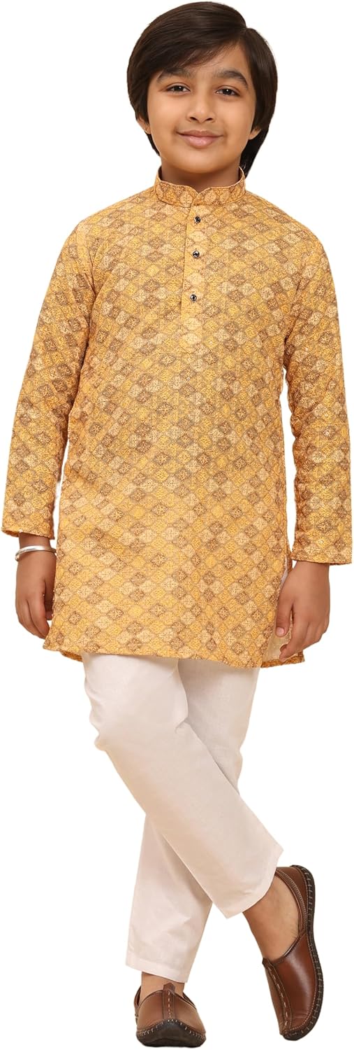 Pro-Ethic Style Developer Cotton Regular Fit Sequence Printed Work Kurta for Boys | Traditional Indian Festive Kurta (S-277)