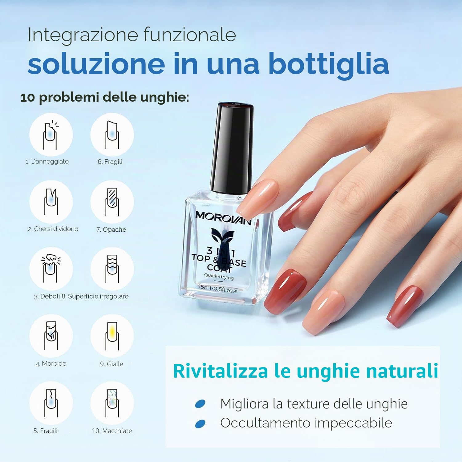 Morovan Smalto trasparente 3 in 1: Base Coat Top Coat 3 in 1 Nail Strengthener Clear Nail Varnish 15 ml