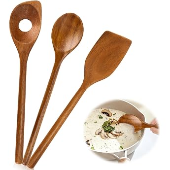 AKONE Set of 3 Wooden Cooking Spoons Natural Wood Spoons Durable Antibacterial Cooking Spoon Spatula Risotto Spoon Wooden Cooking Spoon Kitchen Utensils for Non-Stick and Clay Pots