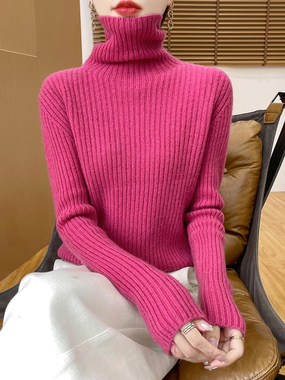 100% Merino Wool Sweaters for Women's Fall Winter Knitted Thick Pullover Long Sleeves Warm High Neck Turtleneck(WQ716)