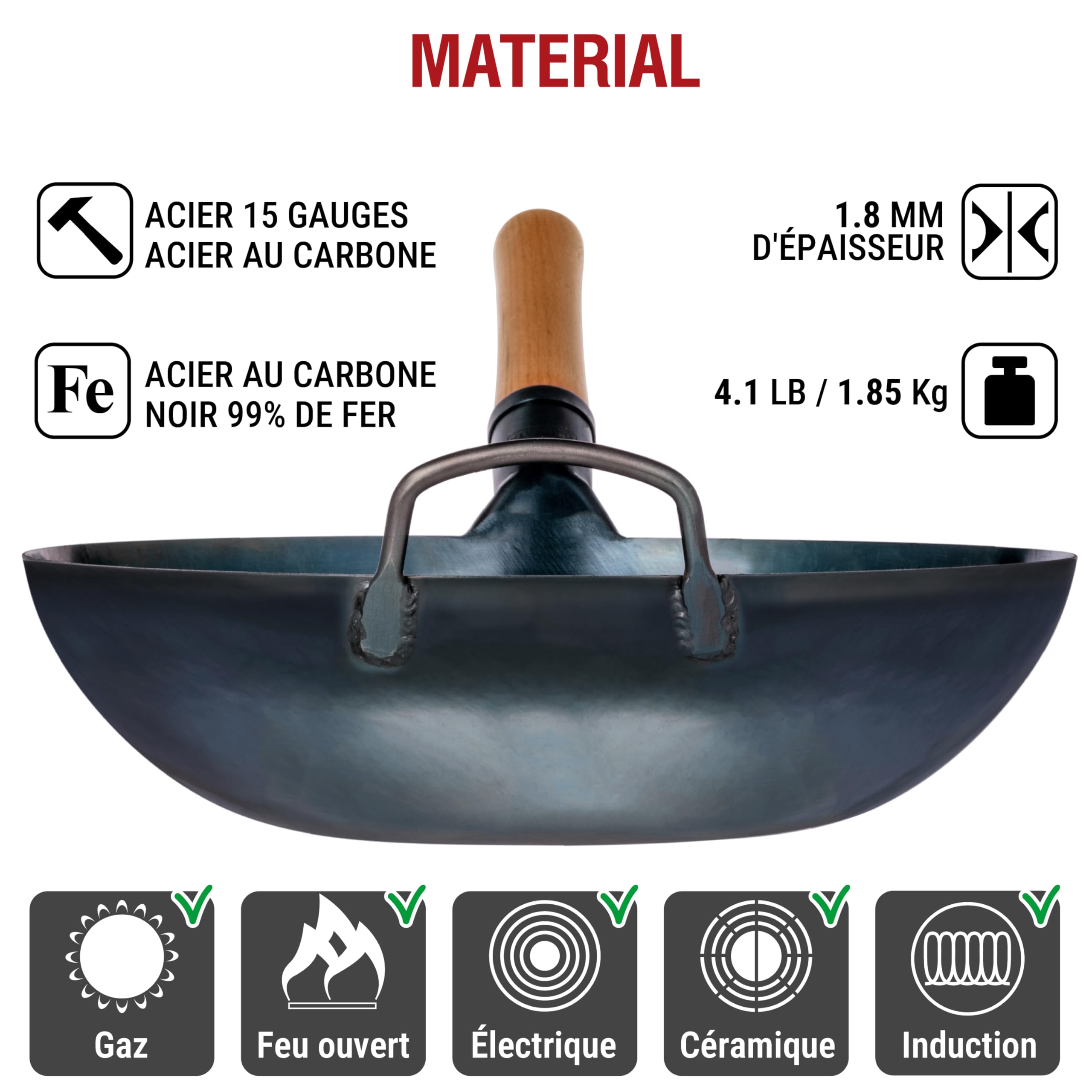 YOSUKATA Woks Et Poêles à Frire 34 cm - Wok À Fond Plat En Acier Carbone Bleu, Pré-assaisonné Compatible Induction, Plaques Électriques, Gaz Et Feu Ouvert - Poêles Chinois Traditionnel