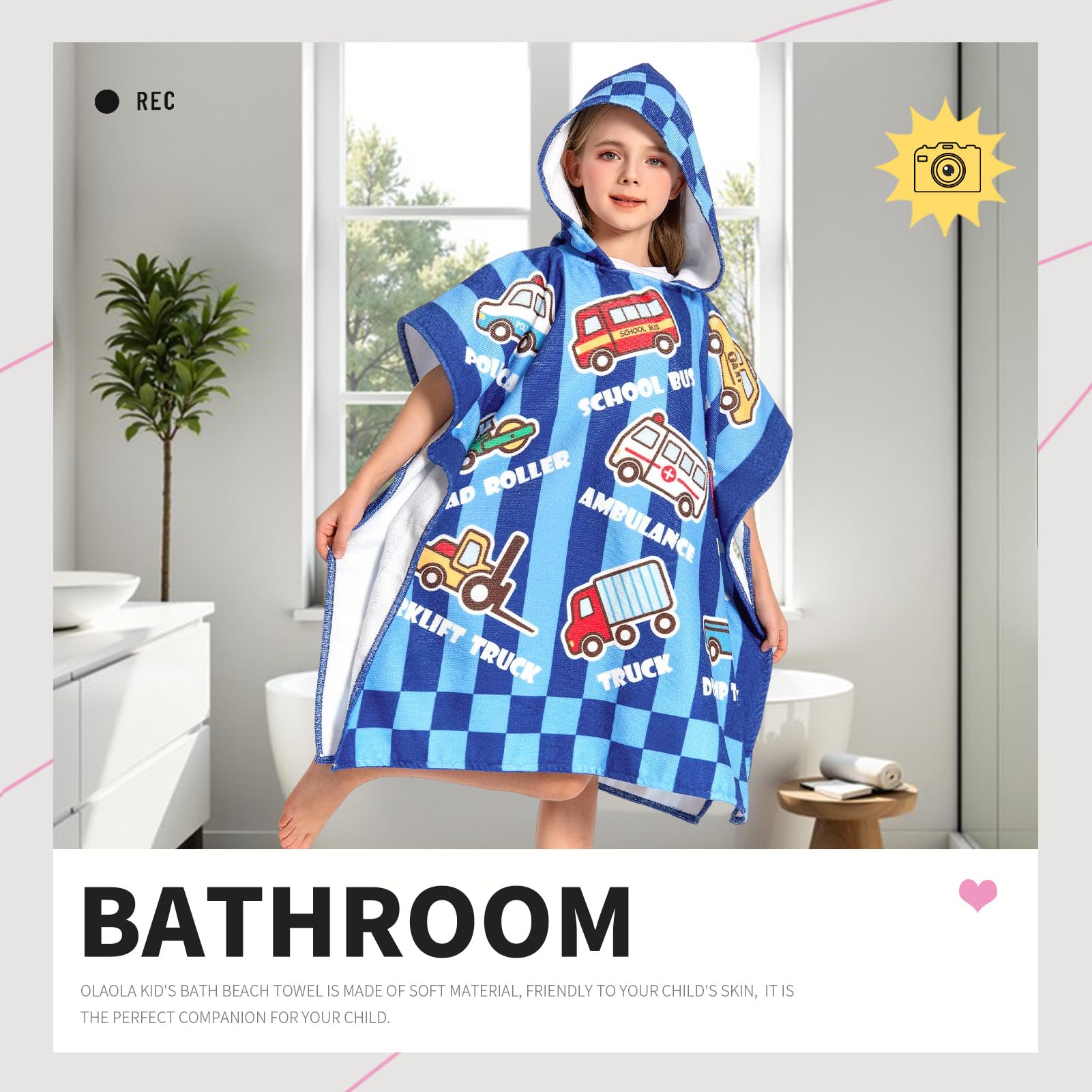 OLAOLA Kids Poncho Towel Hooded Beach Changing Robe Children Absorbent Bath Towels Swimming Wrap for Boys Girls 3-12 Years, Car - Image 3
