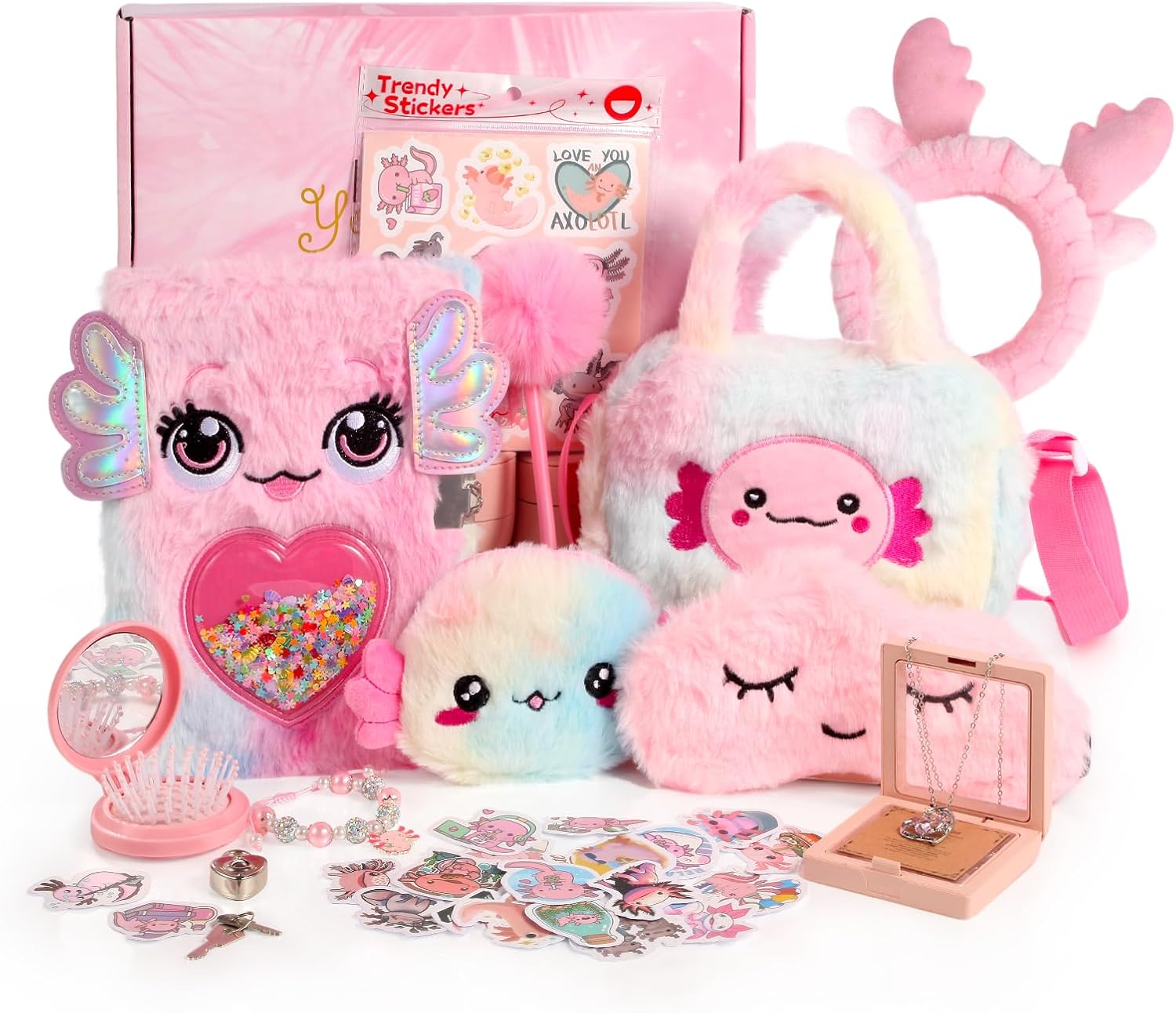 Axolotl Gift Set for Girls, Cute Axolotl-Themed Box with Secret Fluffy Diary, Axolotl Bag and More Axolotl Stuff, Axolotl Gifts Basket for Axolotl Lovers, Birthday Christmas Gifts for Girls