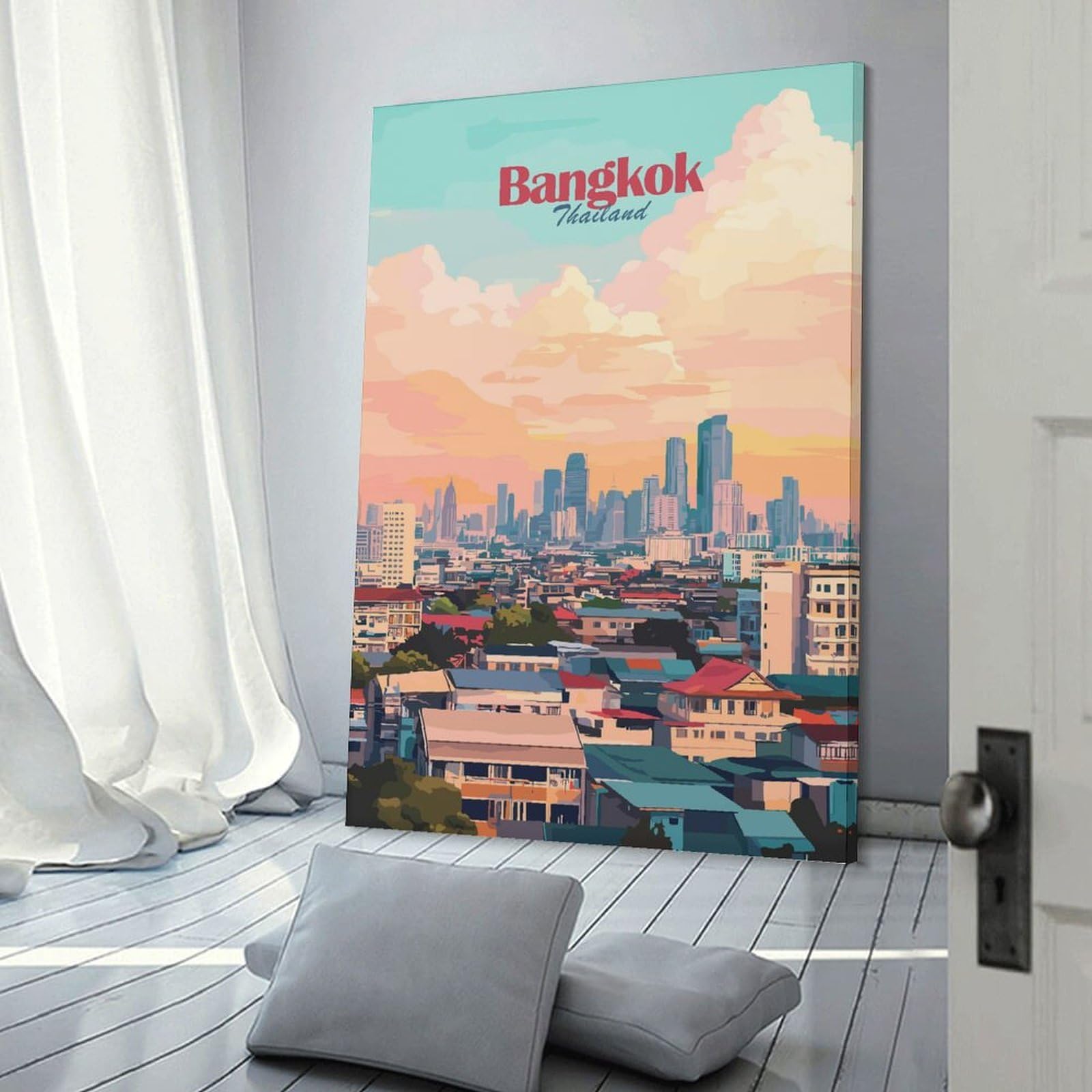 Junmoney Bangkok Thailand Cityscape Illustration Decorative Canvas Print 24x36inch(60x90cm), for Corridors, Hallways Or Apartment Entries, Decorative Wall Art for Narrow Spaces