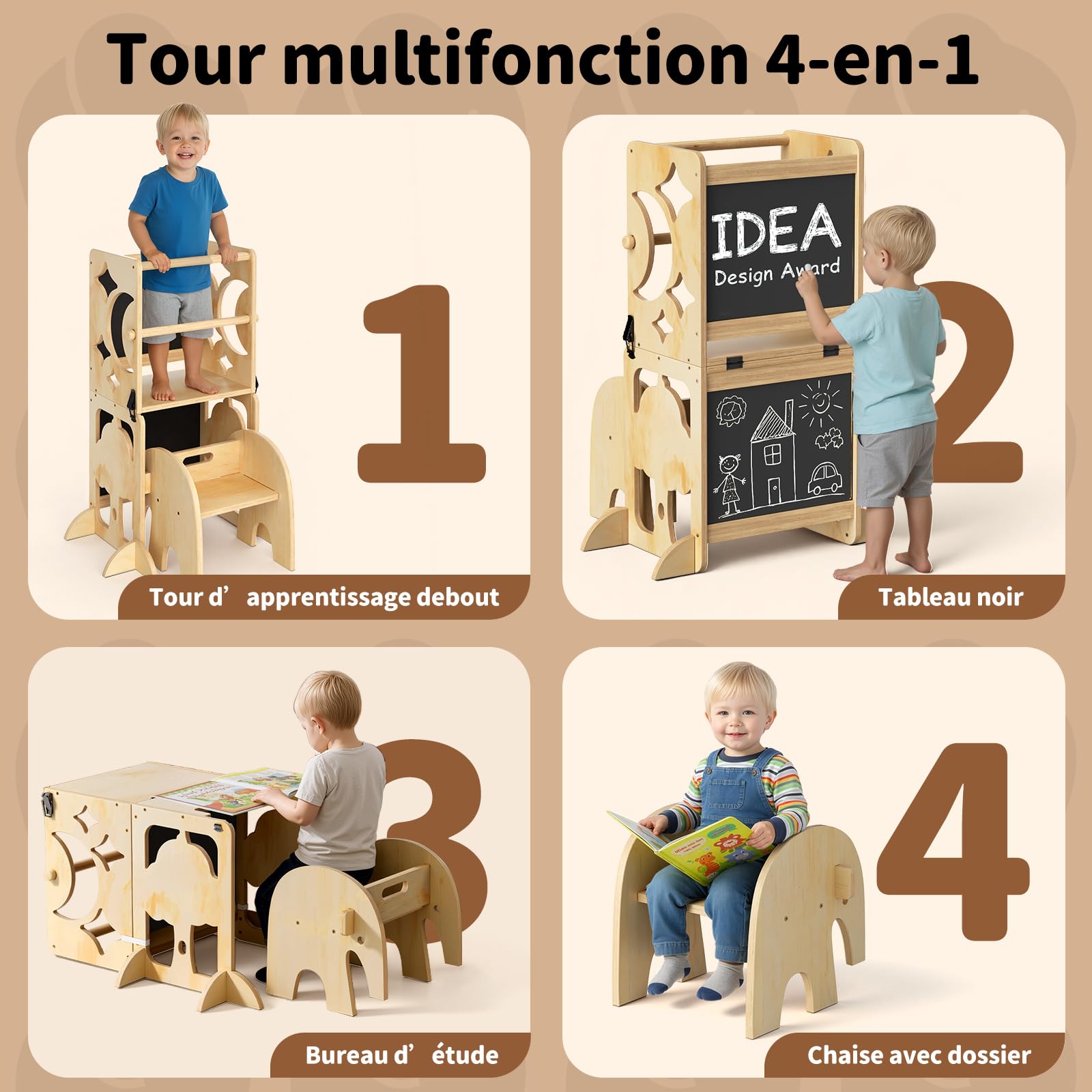 COSYLAND Tour d’Observation Enfant,Tour d’Observation Montessori 3 en 1, Tour d’Apprentissage Enfant Pliable avec Tableau, Tour Observation bébé pour Cuisine, Table et Salle de Bain – Naturel