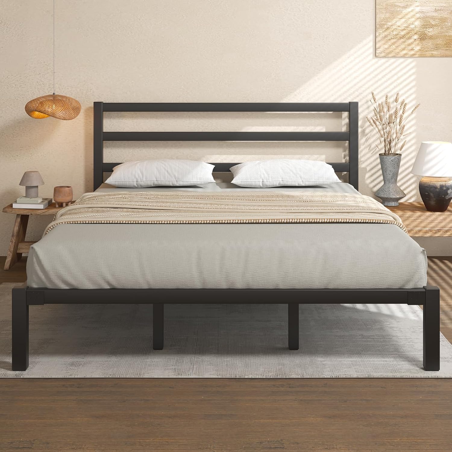 King Size Bed Frame, Metal Platform Bed Frame with Headboard, Mattress Foundation with Spacious Underbed Storage, No Box Spring Needed, Easy Assembly, Modern, Black
