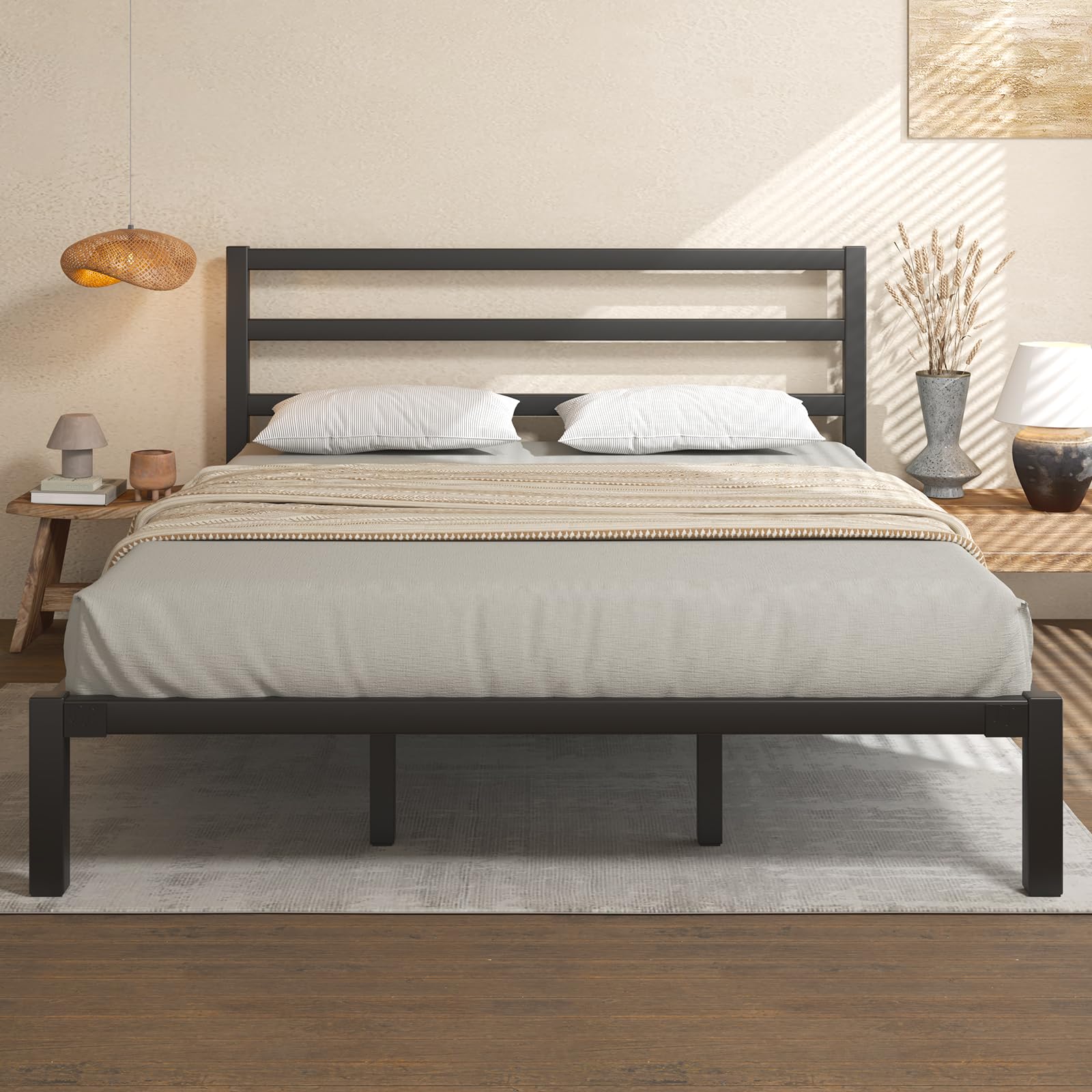 King Size Bed Frame Metal Platform Bed Frame with Headboard Mattress Foundation with Spacious Underbed Storage No Box