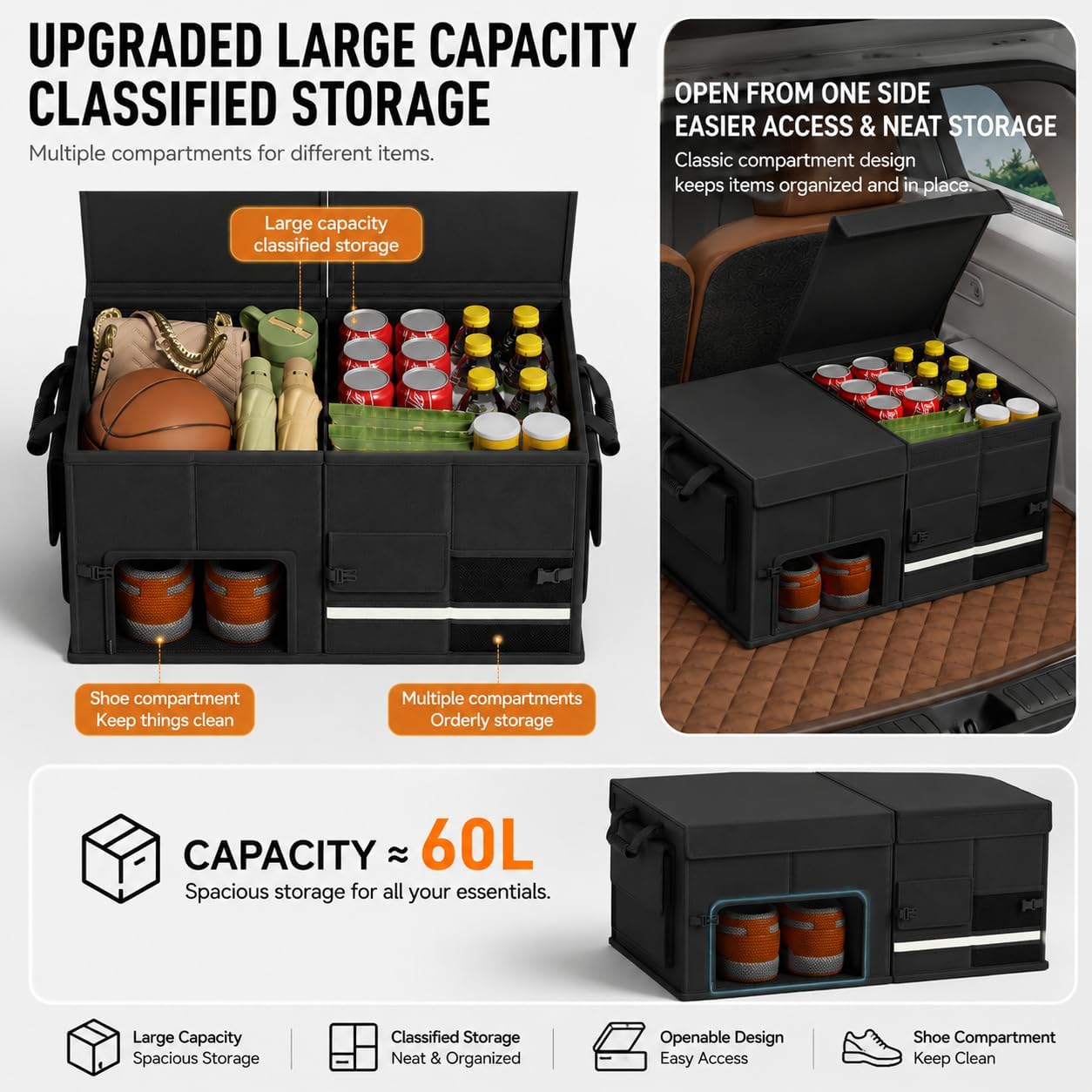 Organizador Maletero Plegable con Zapatero para Renault Scenic E-Tech 2024 2025 2026, Gran Bolsa Almacenamiento Coche Impermeable Caja 600D Oxford