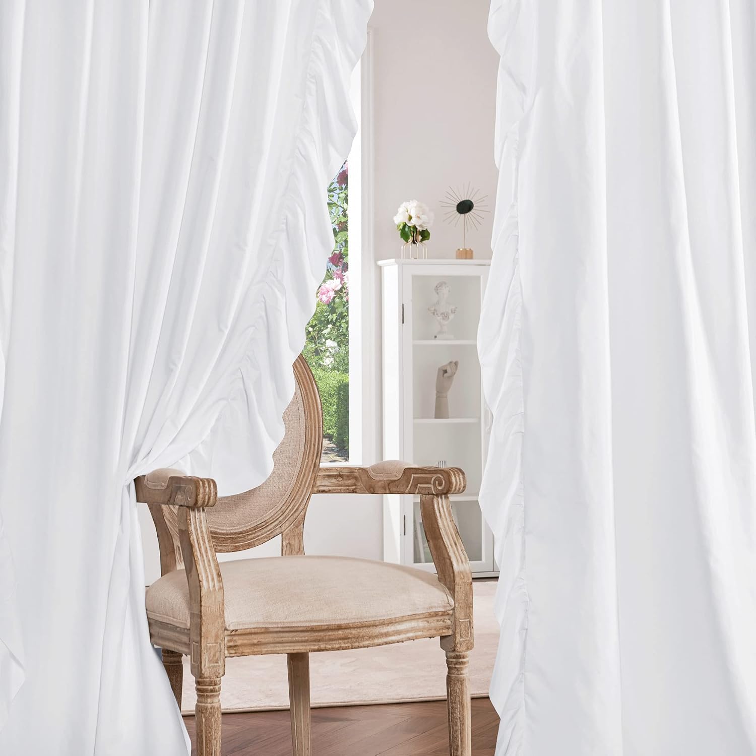 NICETOWN White Ruffle Shabby Chic Curtains 84 inch Long, Rod Pocket Privacy with Some Soft Light Filtering French Country Flowy Drapes for Living Room/Farmhouse/Bedroom, 2 Panels=104" Wide