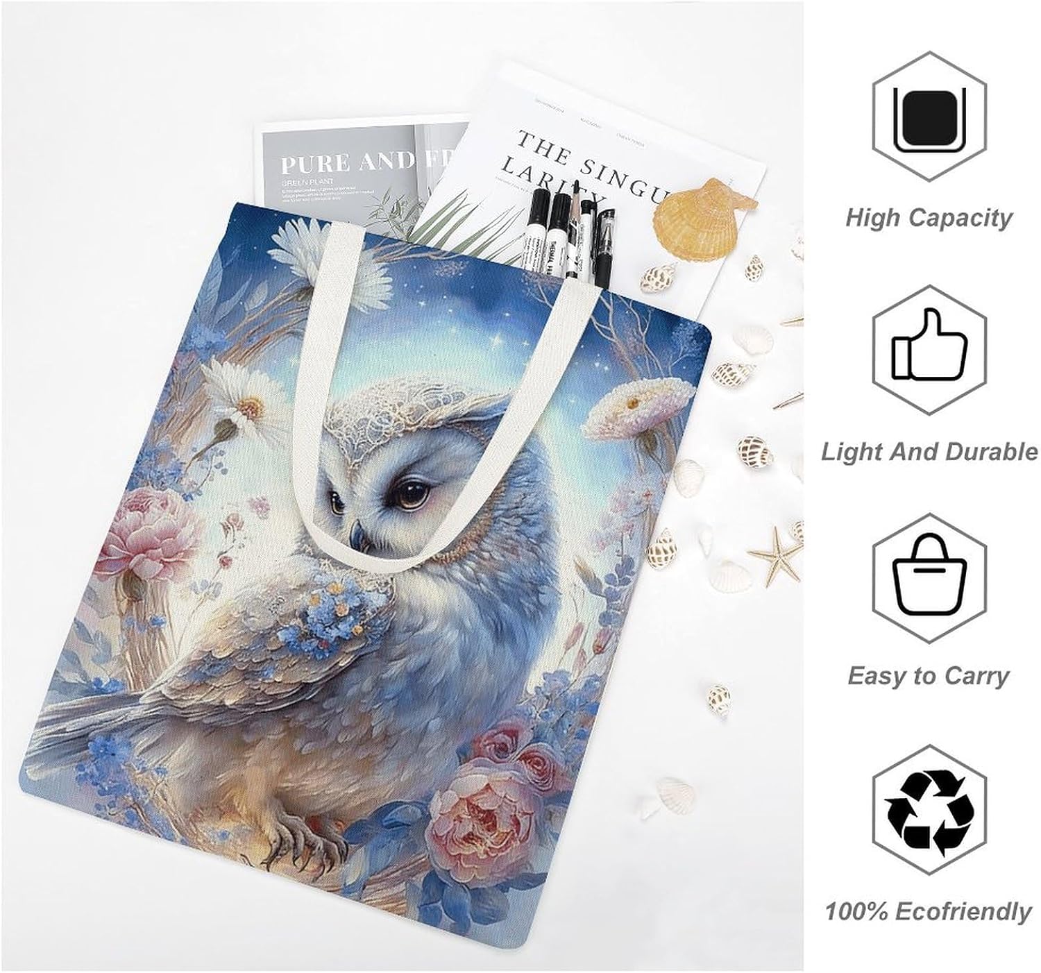 Wreath Owl Canvas Tote Bag Reusable Grocery Bags Foldable Soft Cotton Shoulder Carry Bag