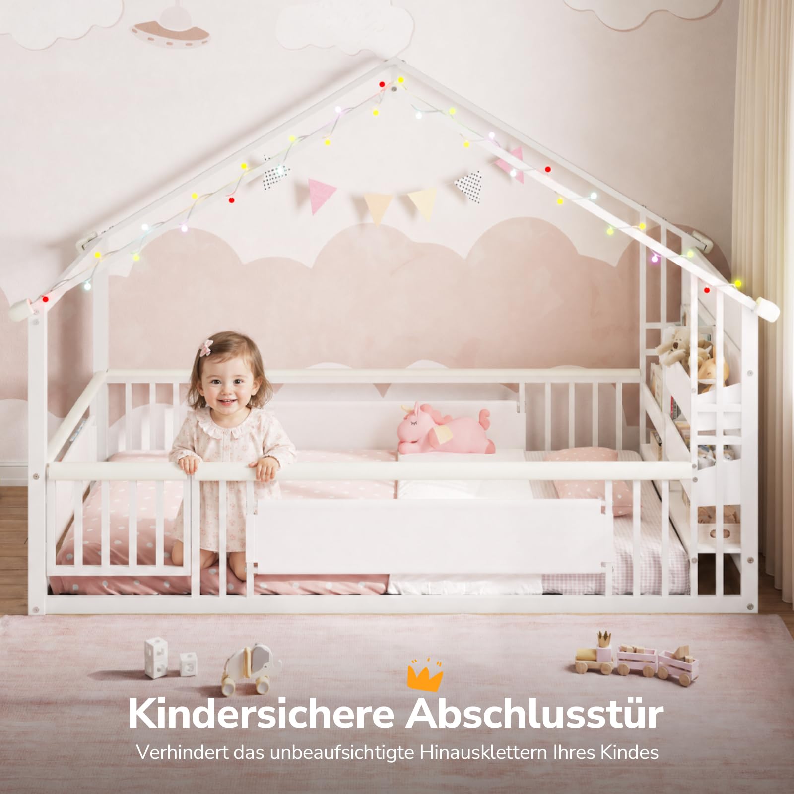 Hausbett 90x200 Metall nach Montessori mit LED, Weiß