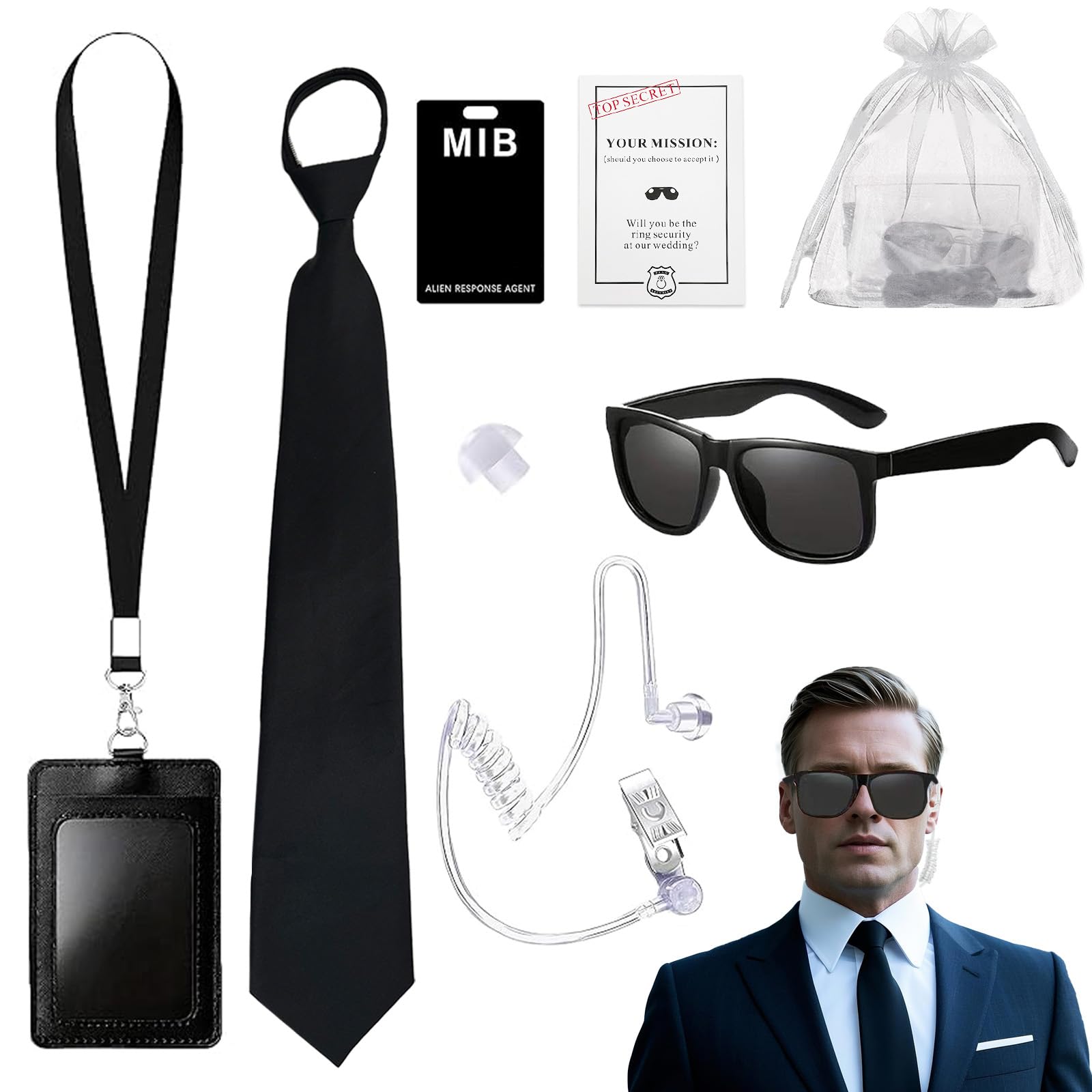 Agent Costume Accessories, 7 Pieces Secret Agent Costume Accessories, Men in Black Costume Fancy Dress Accessories with Tie, Sunglasses, Card Holder, Headphone Tube, Card, Gossip for Adults Cosplay