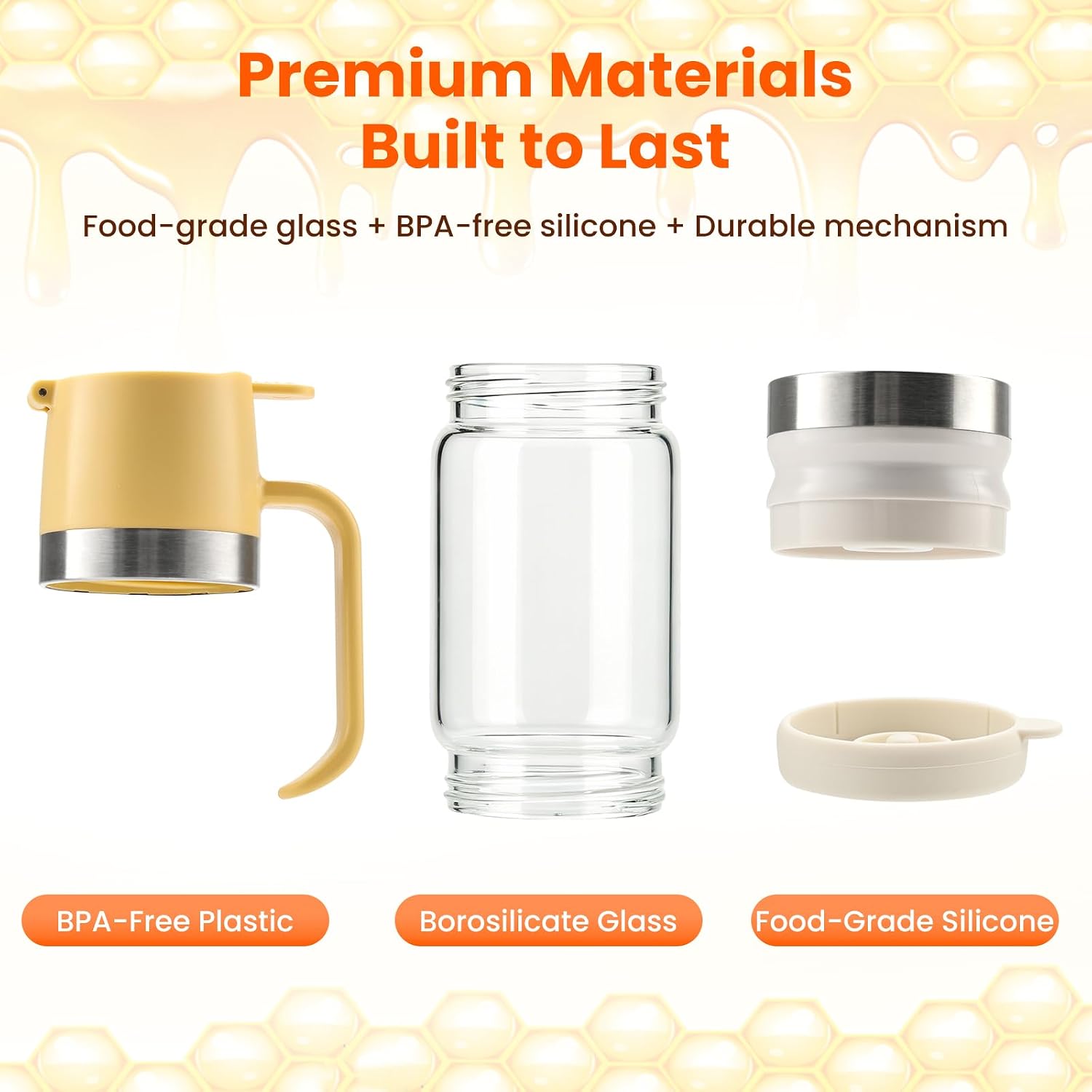 Glass Honey Dispenser Push-Button with Handle (Black), No Drip Glass Jar, Leak-Proof Bottom: One-Handed Press to Serve Honey or Syrup onto Coffee, Tea, Pancakes & Desserts (Yellow, 12, ounces)