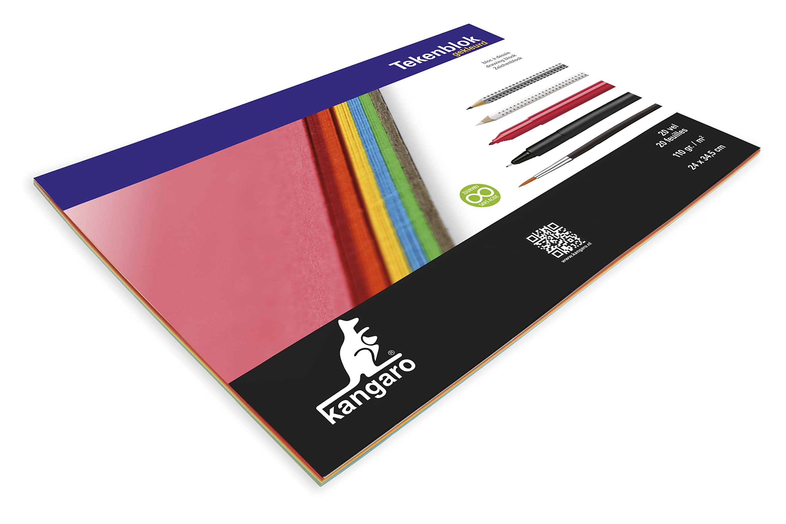 Kangaro Drawing Pad A4+ (24 x 34.5 mm) 110 g, 20 Sheets Assorted Red, Orange, Yellow, Blue, Green