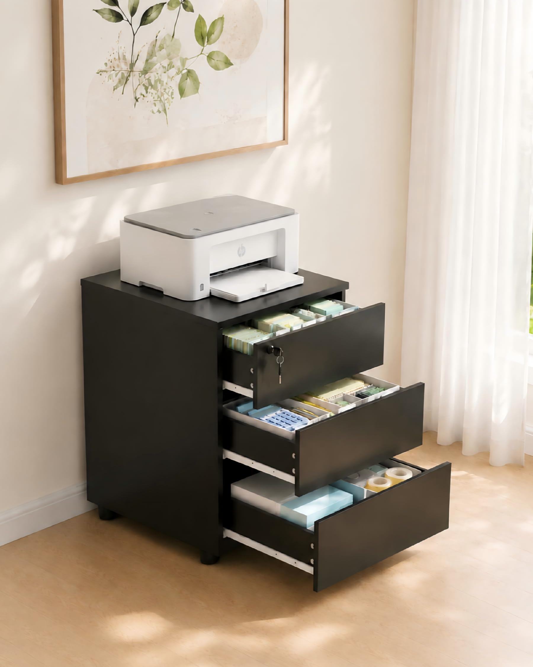 Cassettiera Scrivania Ufficio con Ruote e Chiave, Cassettiera Nera 3 Cassetti, Schedario da Ufficio, Mobile Ufficio sotto Scrivania, Mobiletto con Chiave, 39 x 45 x 54 cm