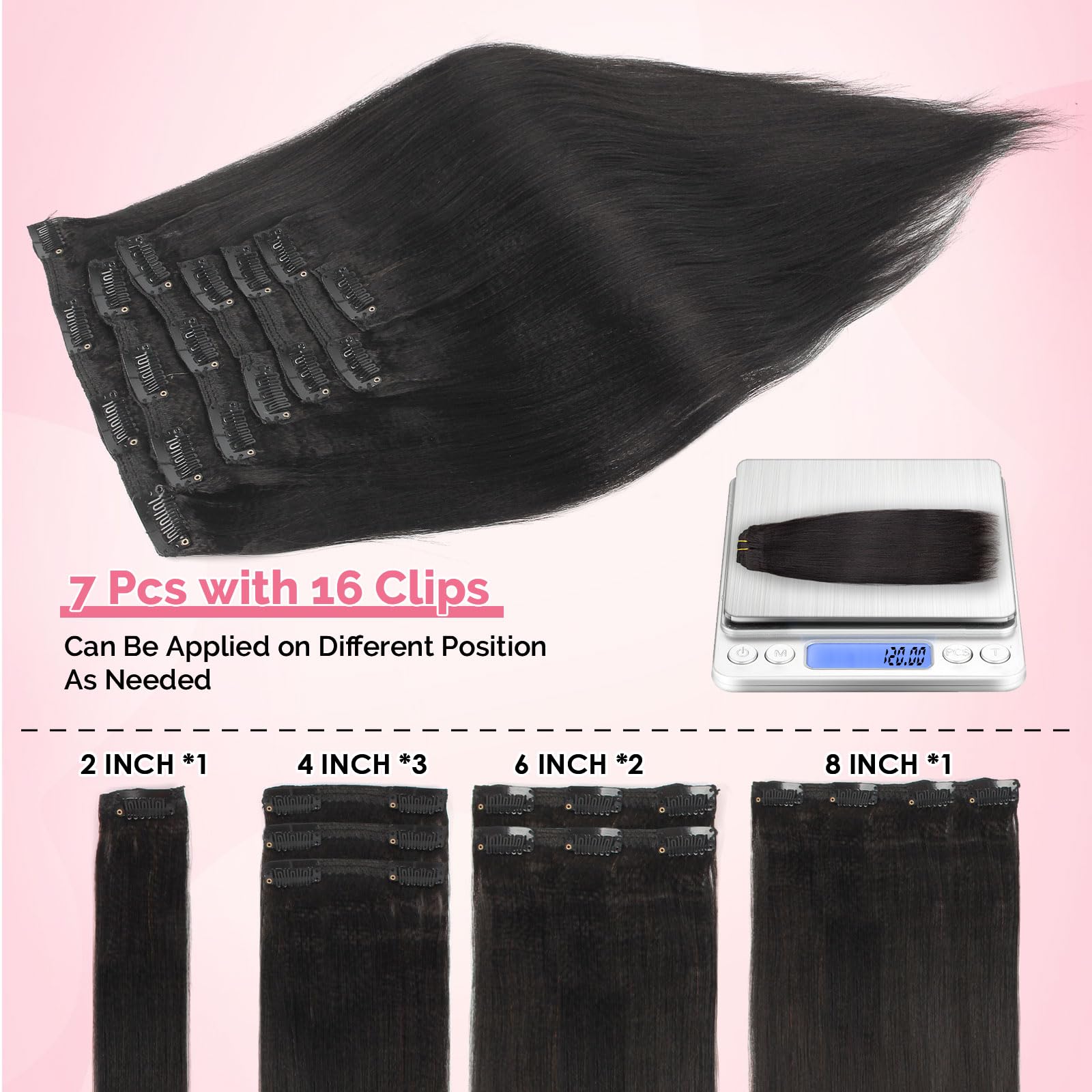 Yuniffe Yaki Straight Clip in Hair Extensions for Black Women Real Human Hair Extensions Clip ins #1B Natural Black Double Weft Remy Yaki Hair Clip ins Extensions 16 Inch 7Pcs 120g - Image 4