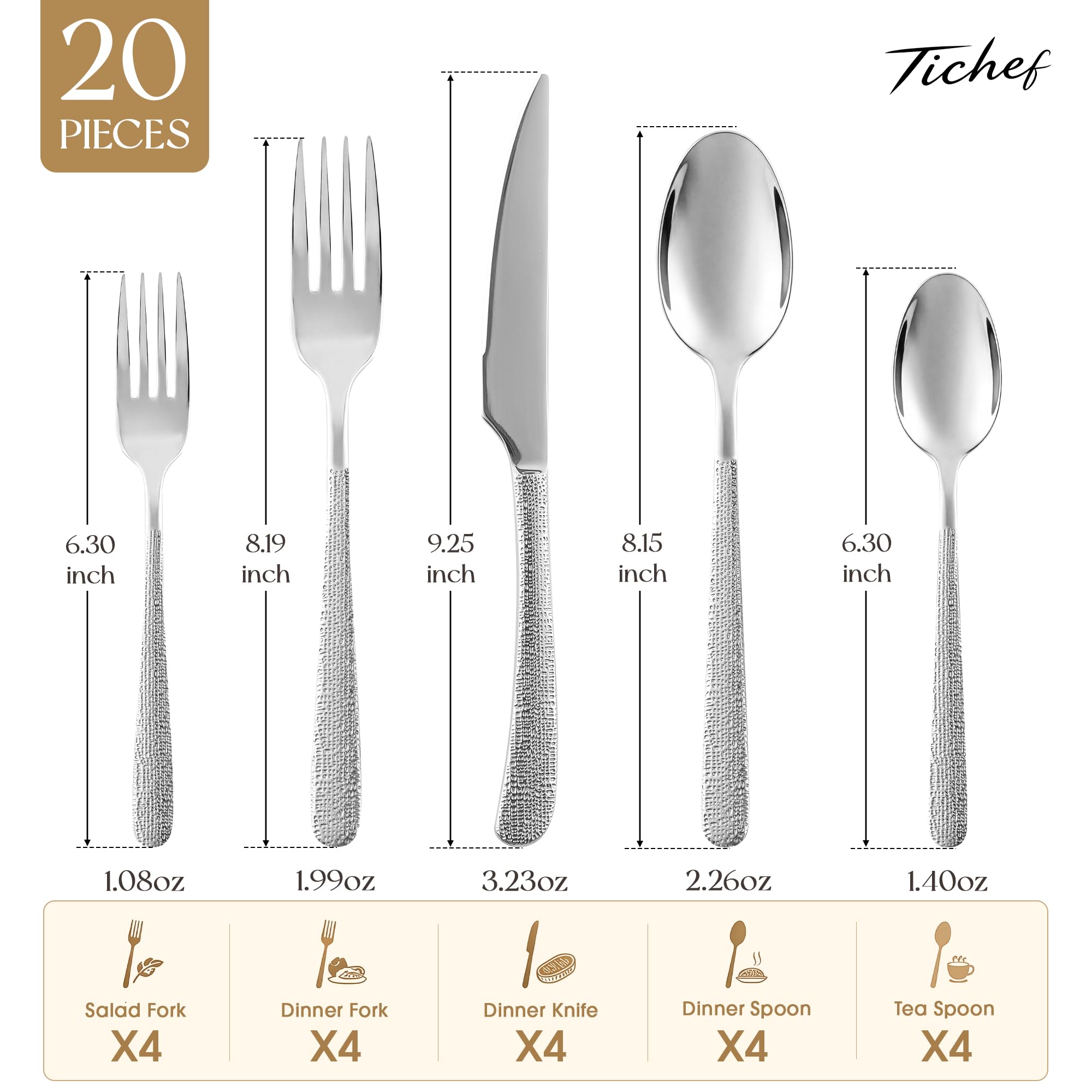 Titanium Silverware Set for 4, 20 Pcs Hammered Silverware Set — Amazon image 2