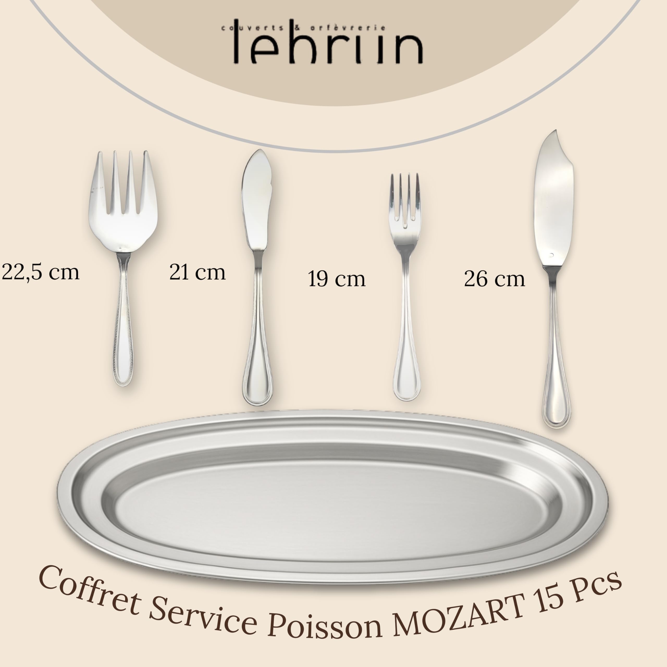 Lebrun Couverts Coffret Poisson MOZART 15 Pièces en Acier Inoxydable – 1 Plat de Service + Couverts Poisson Assortis – Service Élégant pour Poisson, Filets & Fruits de Mer