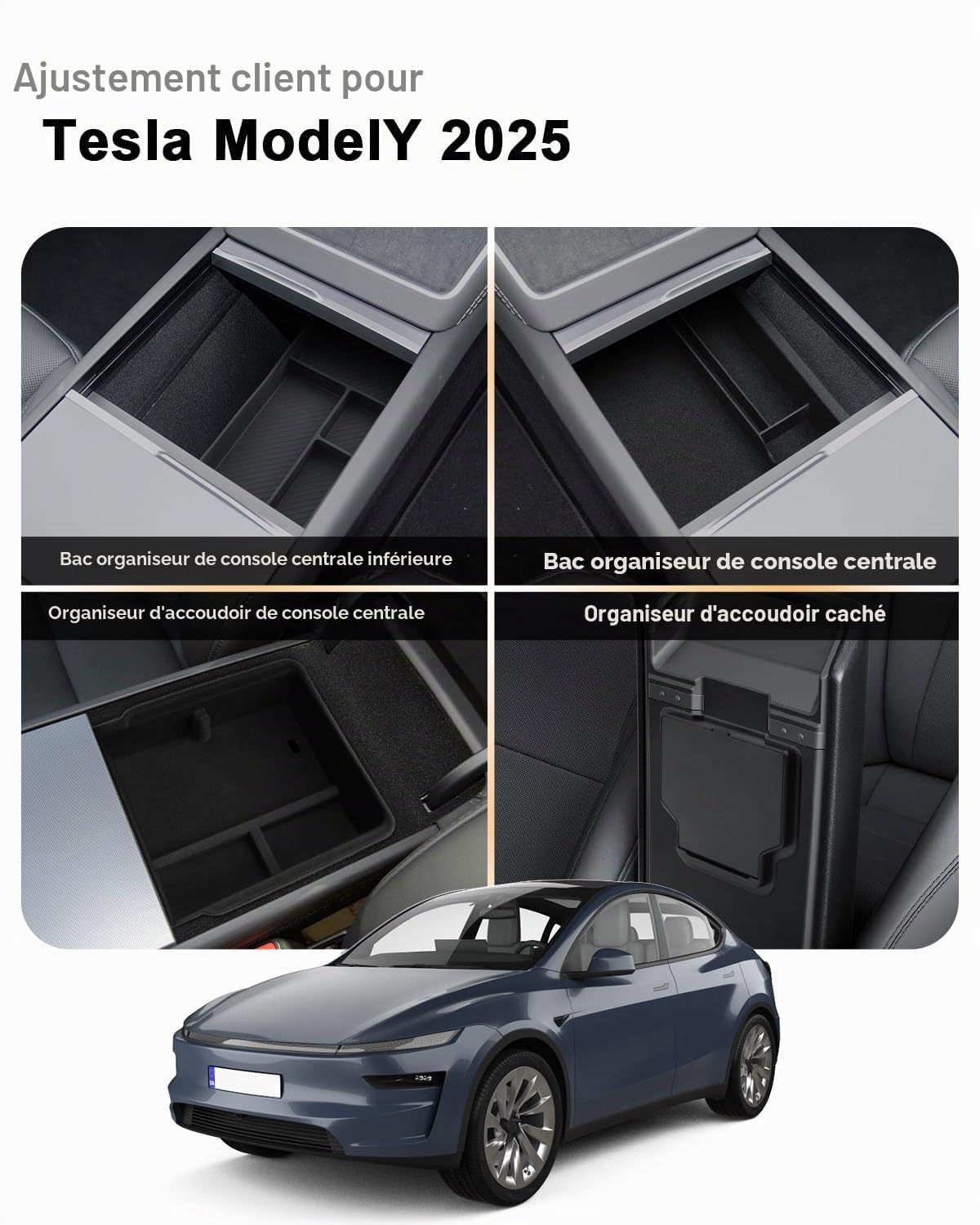 4PCS Organiseur Console Centrale Tesla Model Y 2025 2026Juniper organiseur accoudoir voiture, Boîte de rangement dissimulée, Plateau d'accoudoir(floqué), silencieux et antidérapant Accessoires Model Y