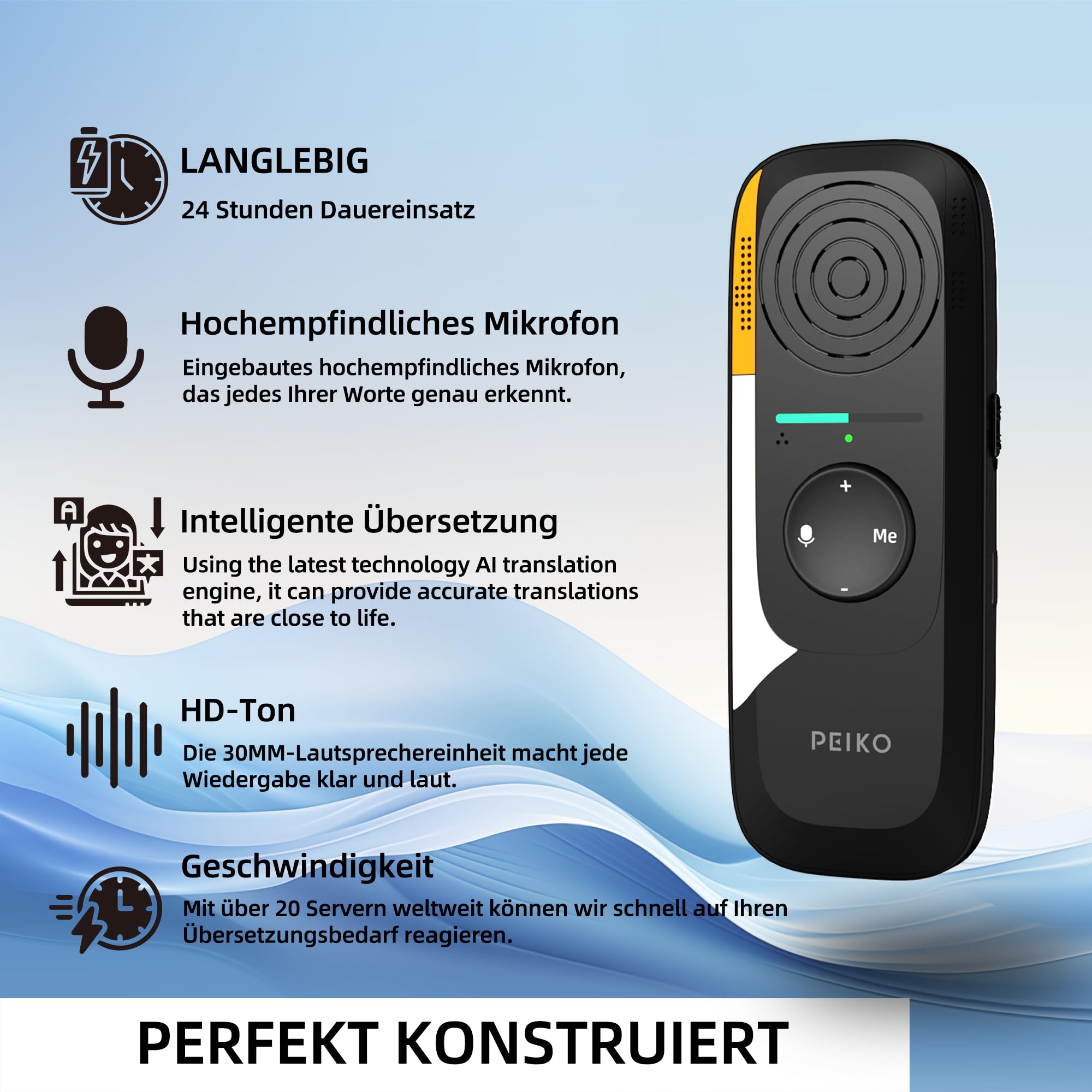 Peiko Sprachübersetzer Gerät – KI-Echtzeit-Übersetzer mit 75 Sprachen & 136 Akzenten, Zwei-Wege-Offline-Übersetzung, Mini Translator für Reisen, Lernen & Geschäftsreisen