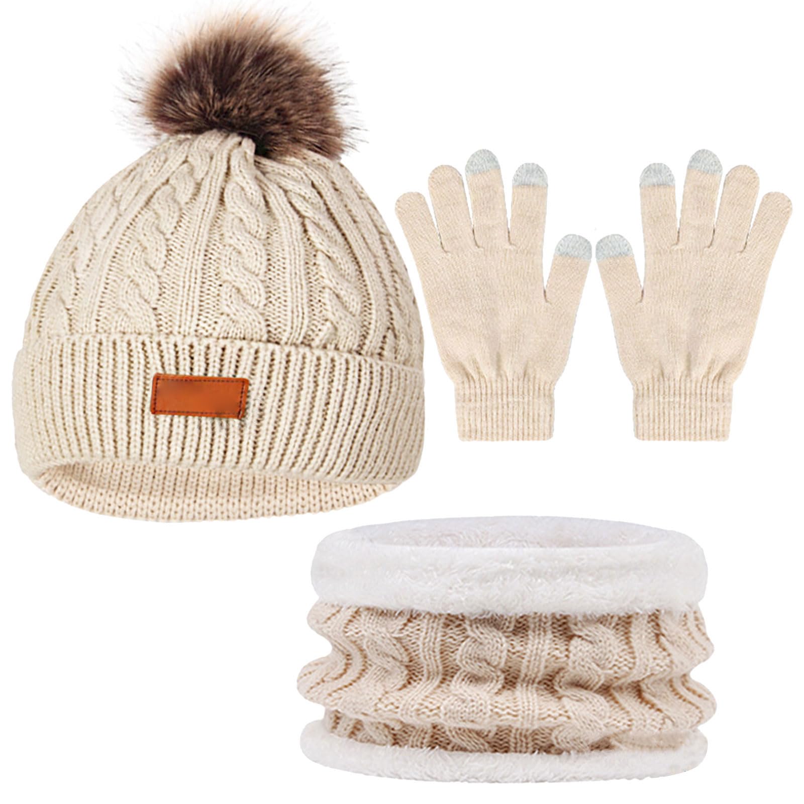 Jebyltd Unisex Beige Winter Knitted Hat Scarf Glove Set Teenager Hat Warm Plush Scarves For Adults Warm Wool Accessory Plush Scarves For Adults