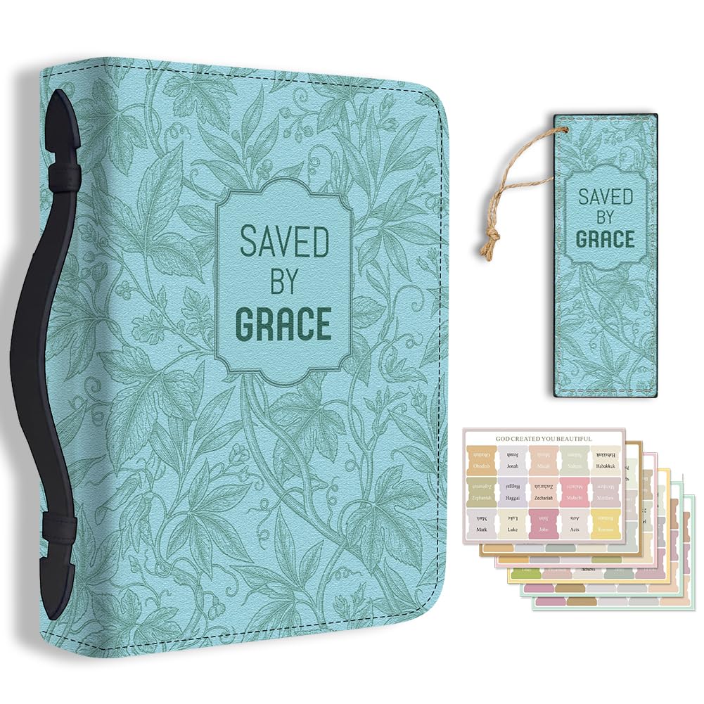 TNKBREEZE Women's Bible Cover Teal Leaf PU Leather Book Carrying Bag with Bookmark Inspirational Bible Verse Book Case with Handle and Zipper Christian Gifts Church Study Supplies 11.2x8x2.3inch